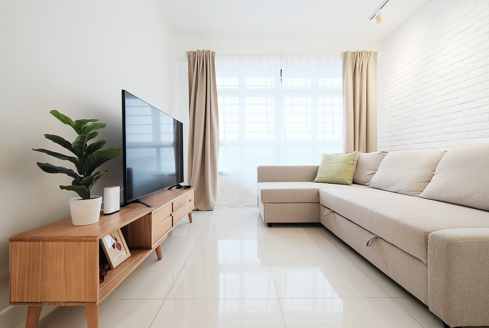 Scandinavian Living Room with TV Console and Feature Wall