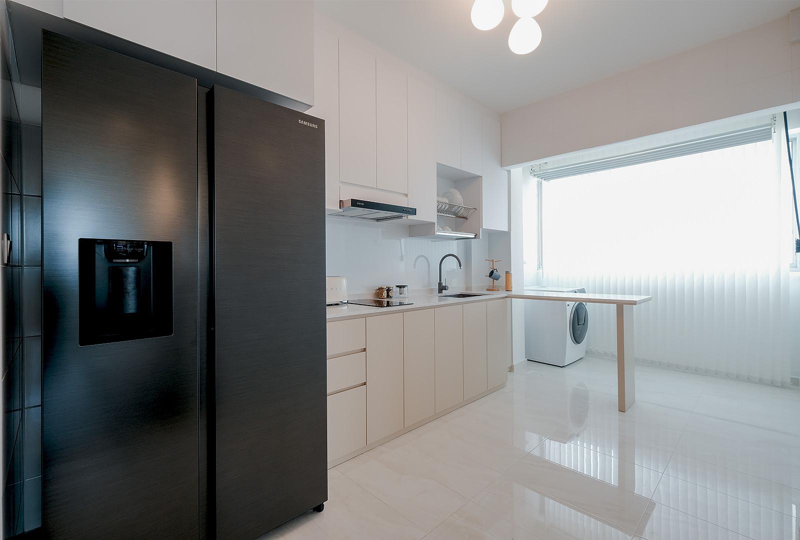Minimalist Kitchen with Cement Floor and Kitchen Window