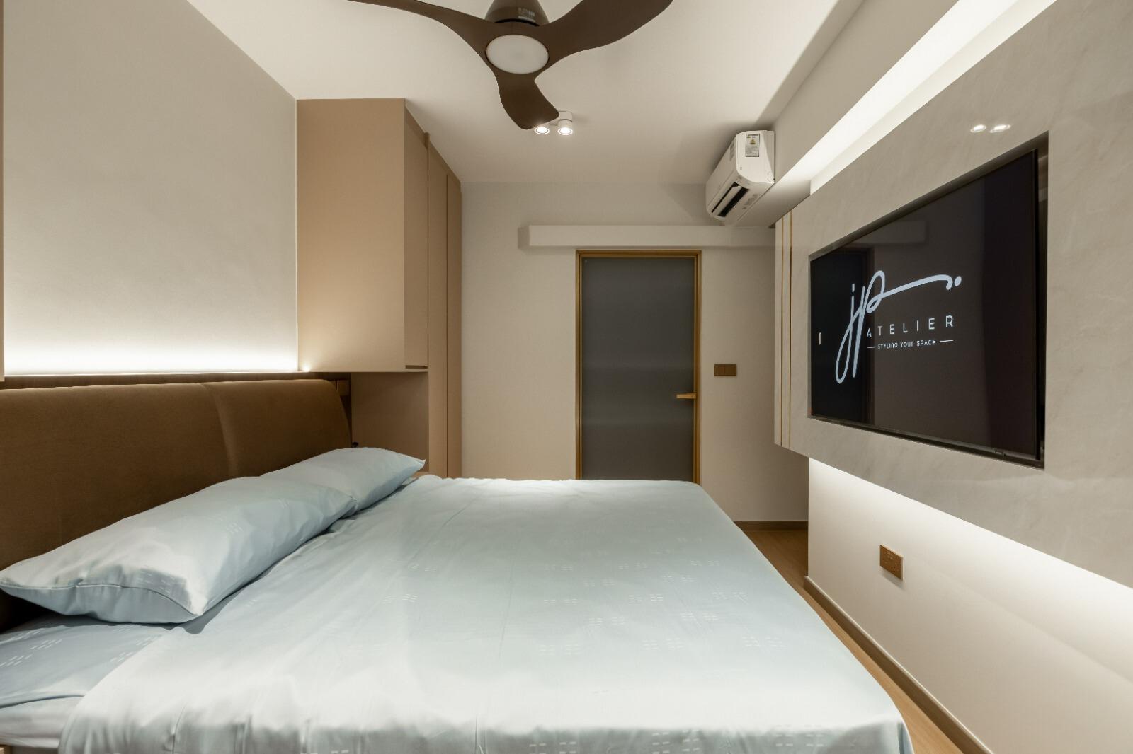 Modern Bedroom with Vinyl Flooring and Feature Wall
