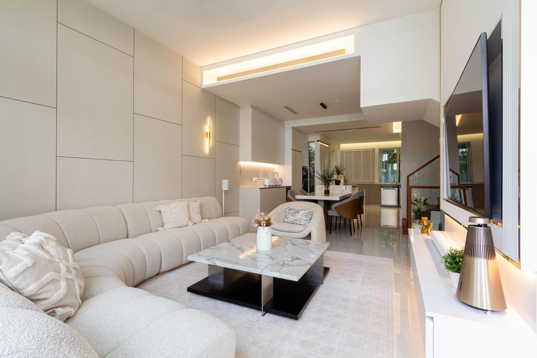 Modern Living Room with Ceiling Light and Dining Table