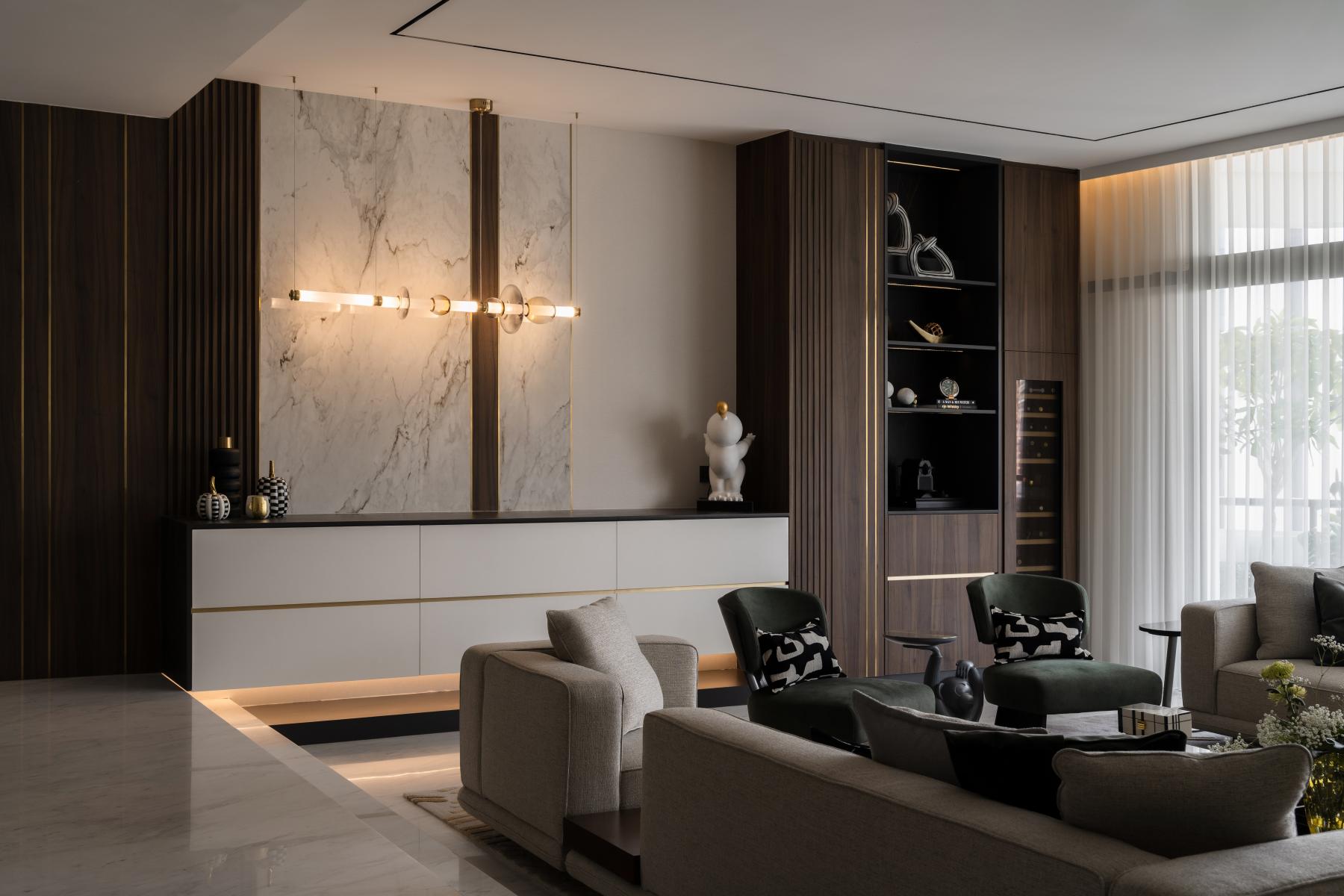 Contemporary Living Room with Feature Wall and Mirror