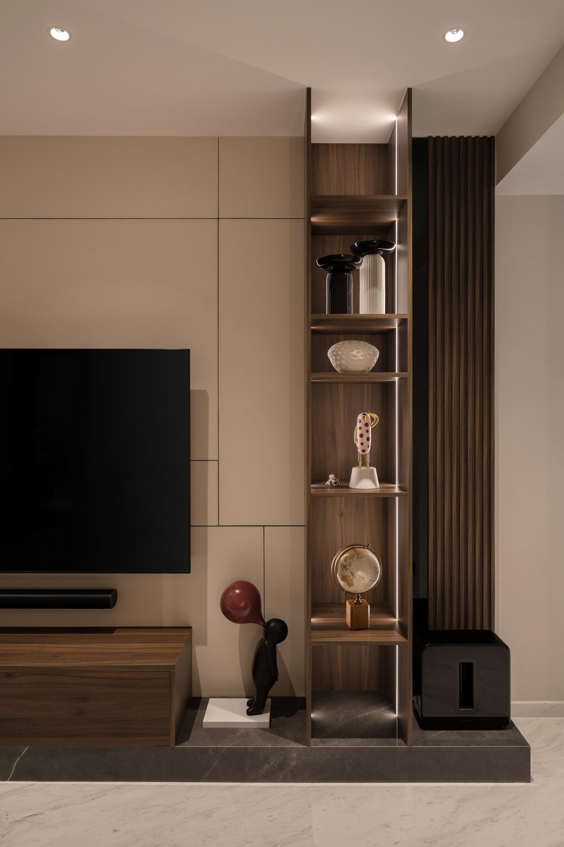 Contemporary Living Room with Marble Floor and Feature Wall