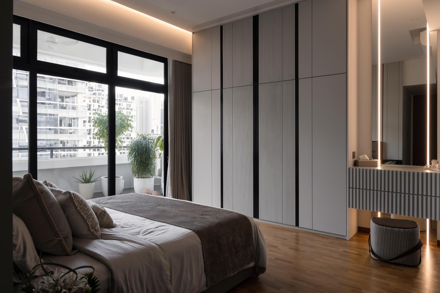 Contemporary Bedroom with Marble Floor and Wood Flooring