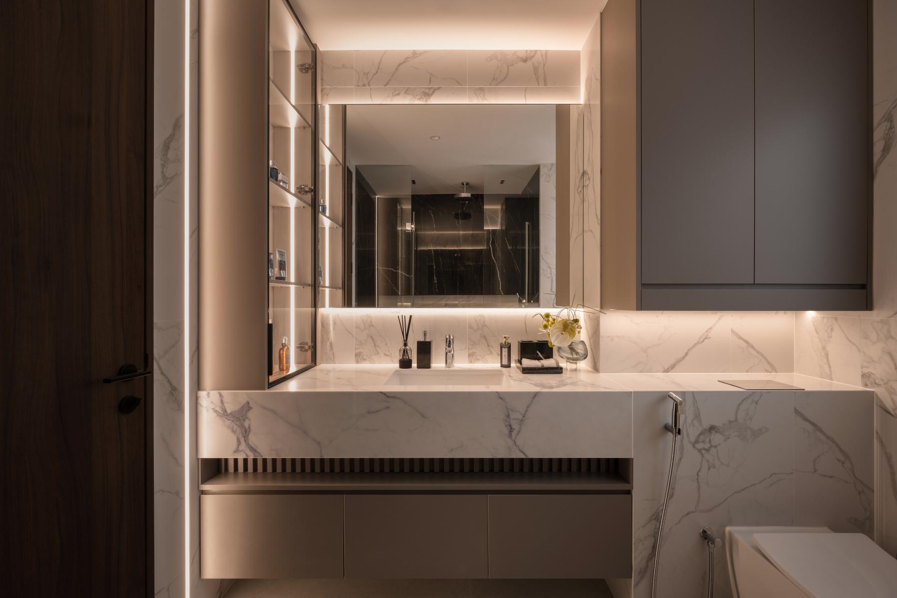 Contemporary Bathroom with Marble Floor and Wood Flooring