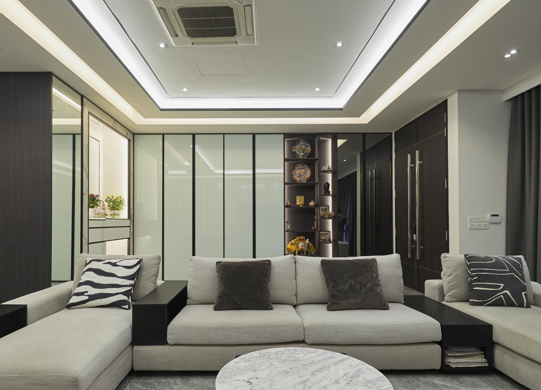 Scandinavian Living Room with Mirror and Downlights