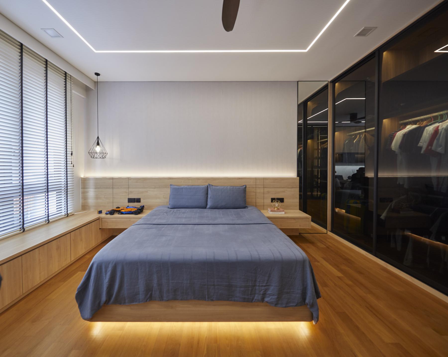 Scandinavian Bedroom with Herringbone Tiling and Wardrobe