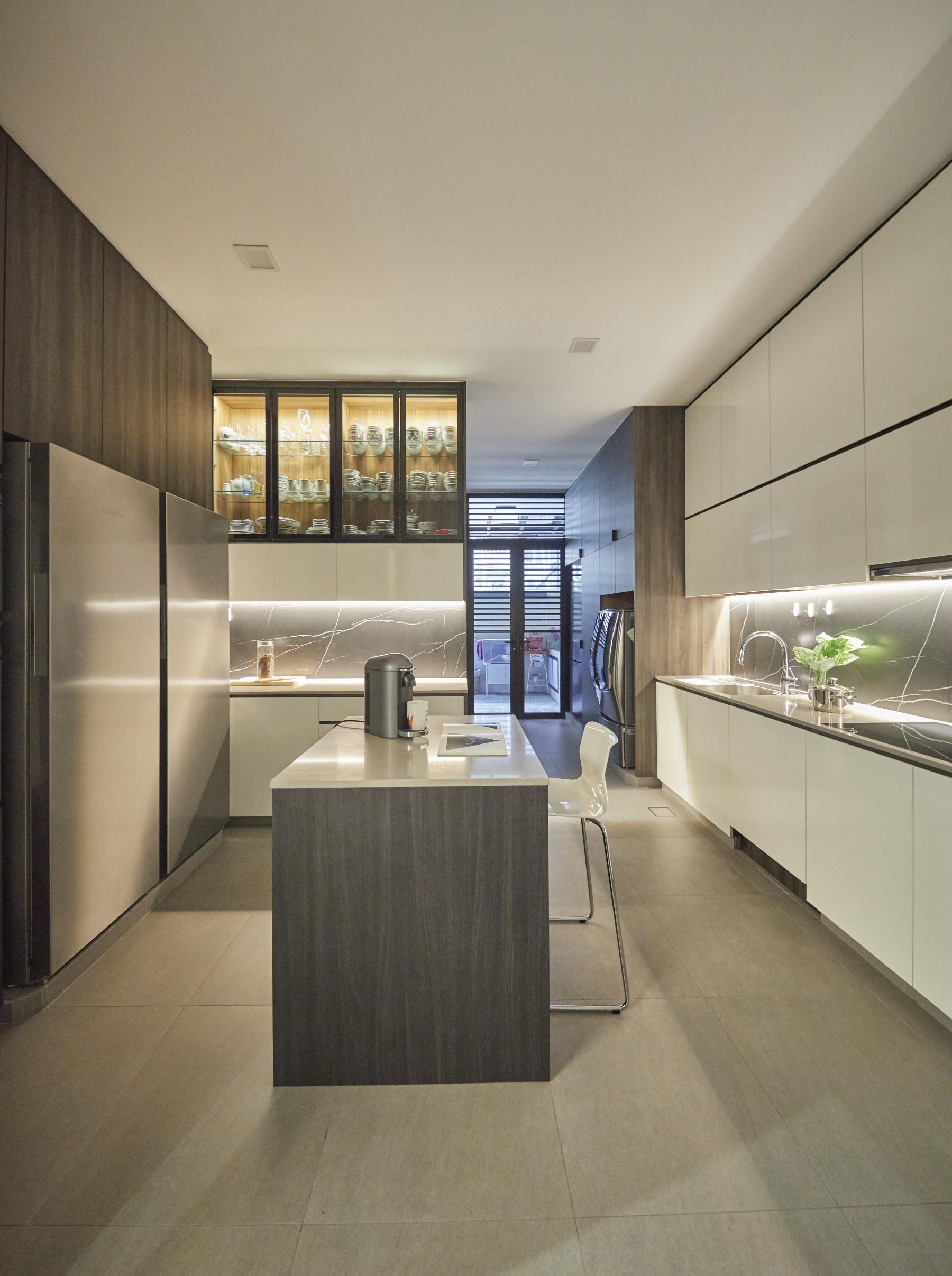 Scandinavian Kitchen with Herringbone Tiling and Granite Floor