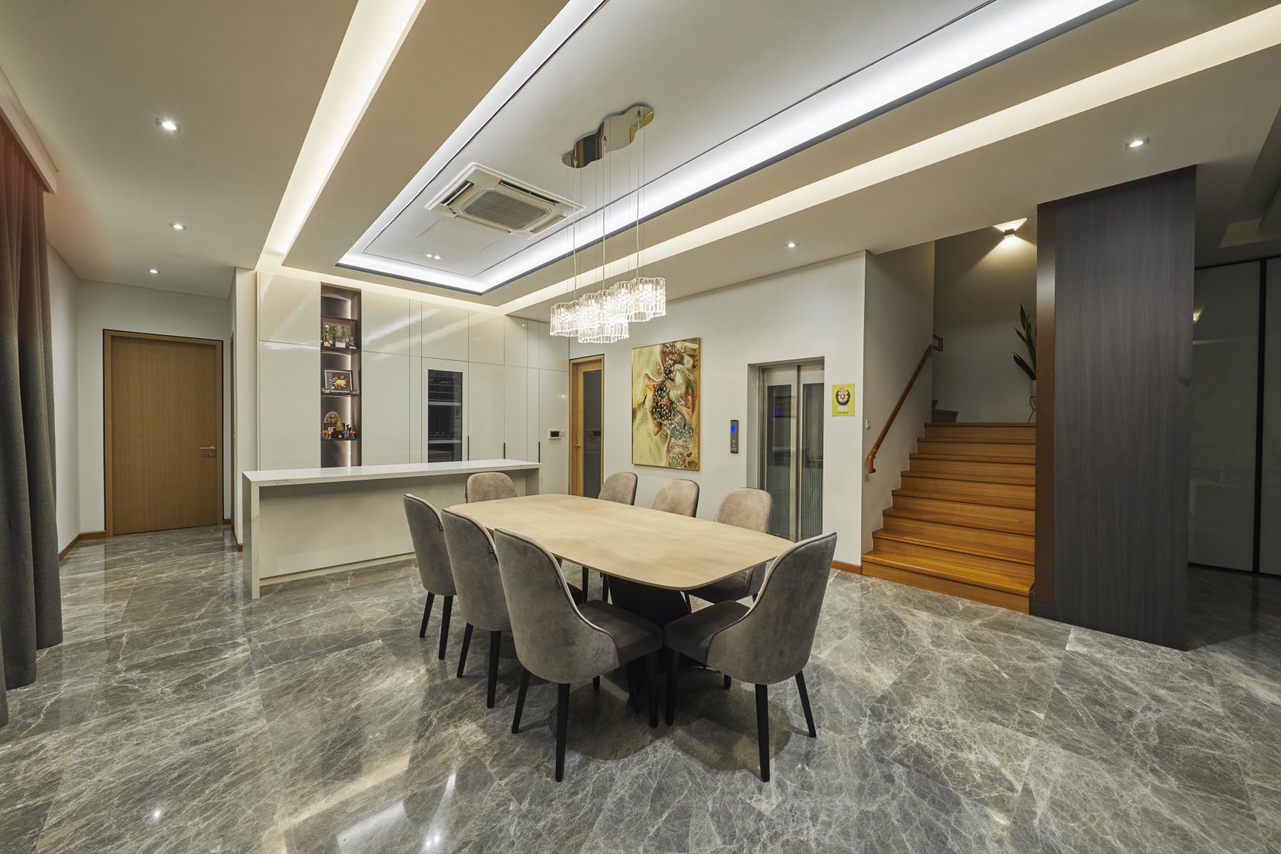 Scandinavian Dining Room with Cove Lighting and Drop Ceiling
