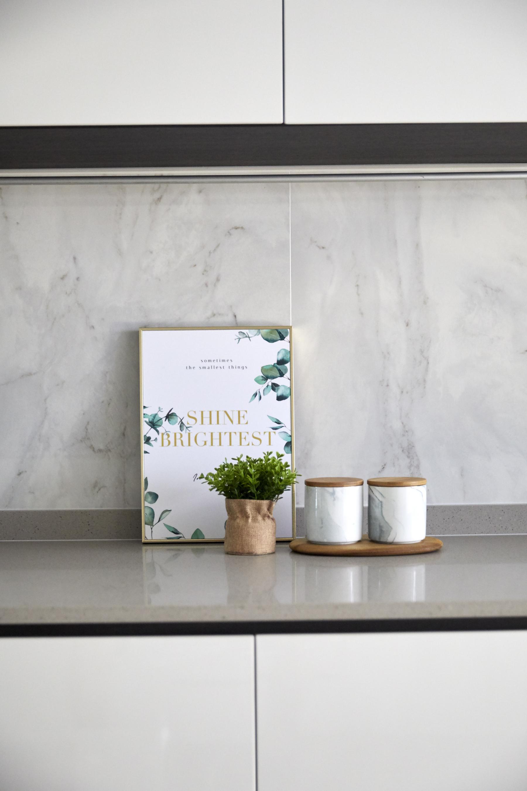 Scandinavian Kitchen with Herringbone Tiling and Marble Floor