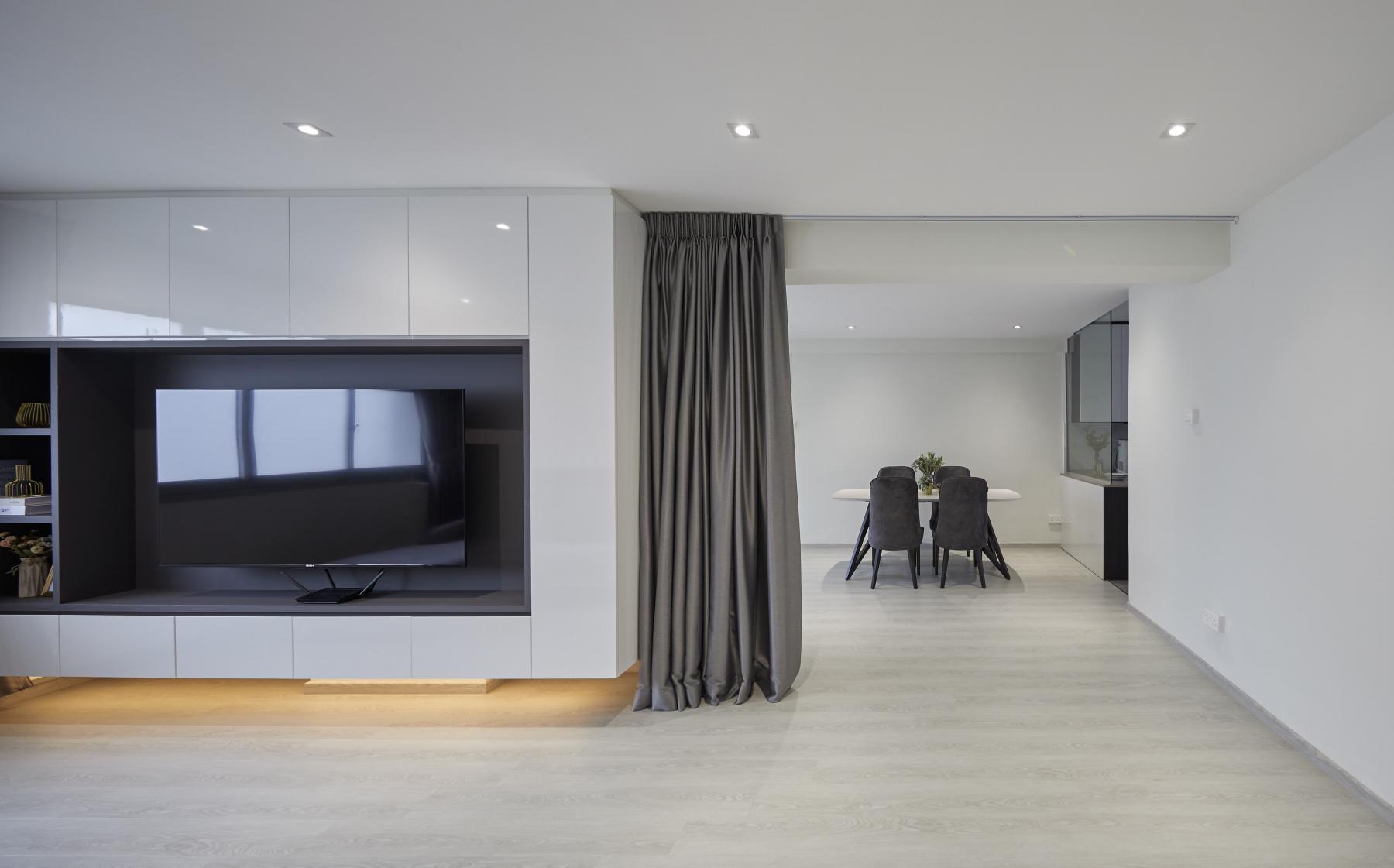 Scandinavian Living Room with Granite Floor and Feature Wall