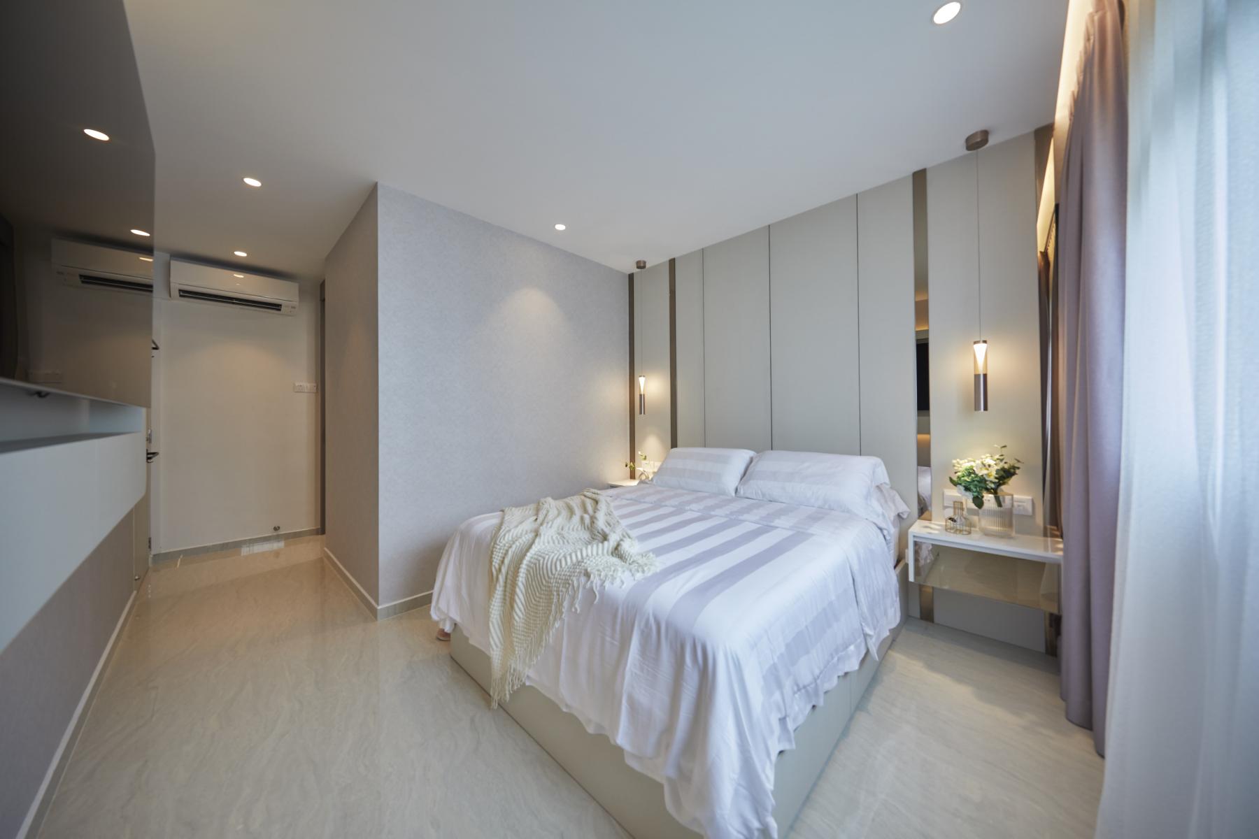 Scandinavian Bedroom with Marble Floor and Closet