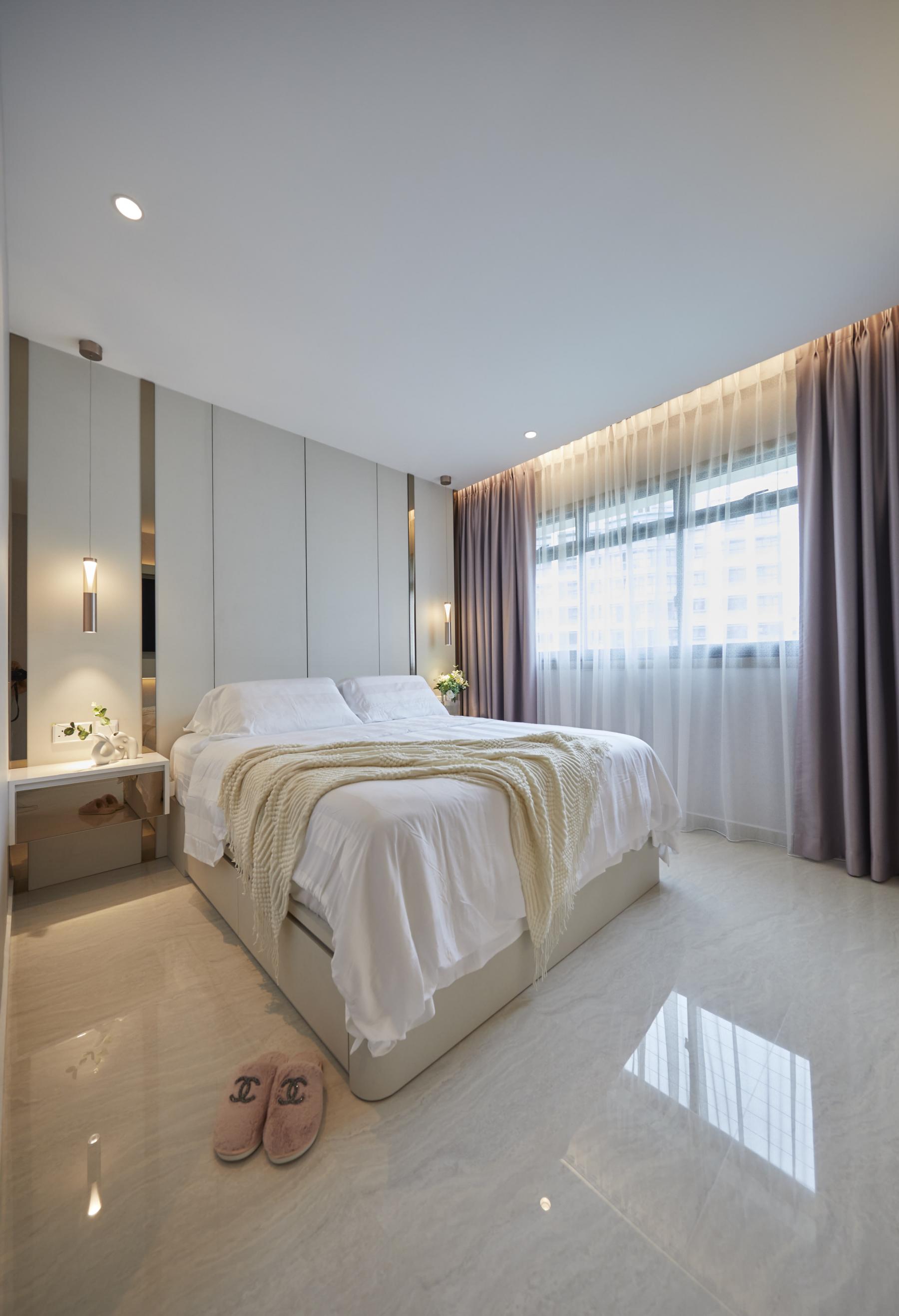 Scandinavian Bedroom with Wood Flooring and Drop Ceiling