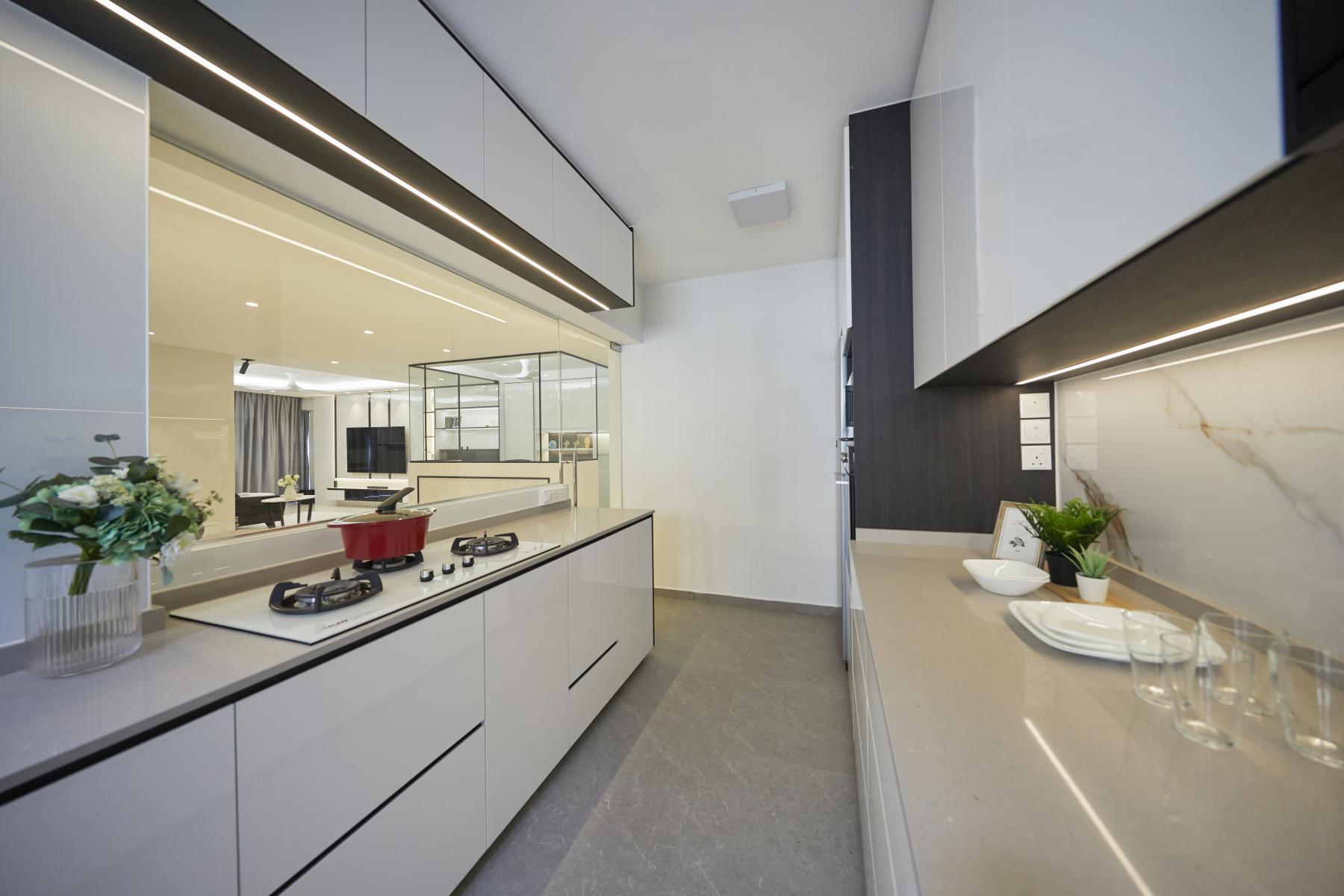 Scandinavian Kitchen with Parquet Floor and Marble Floor