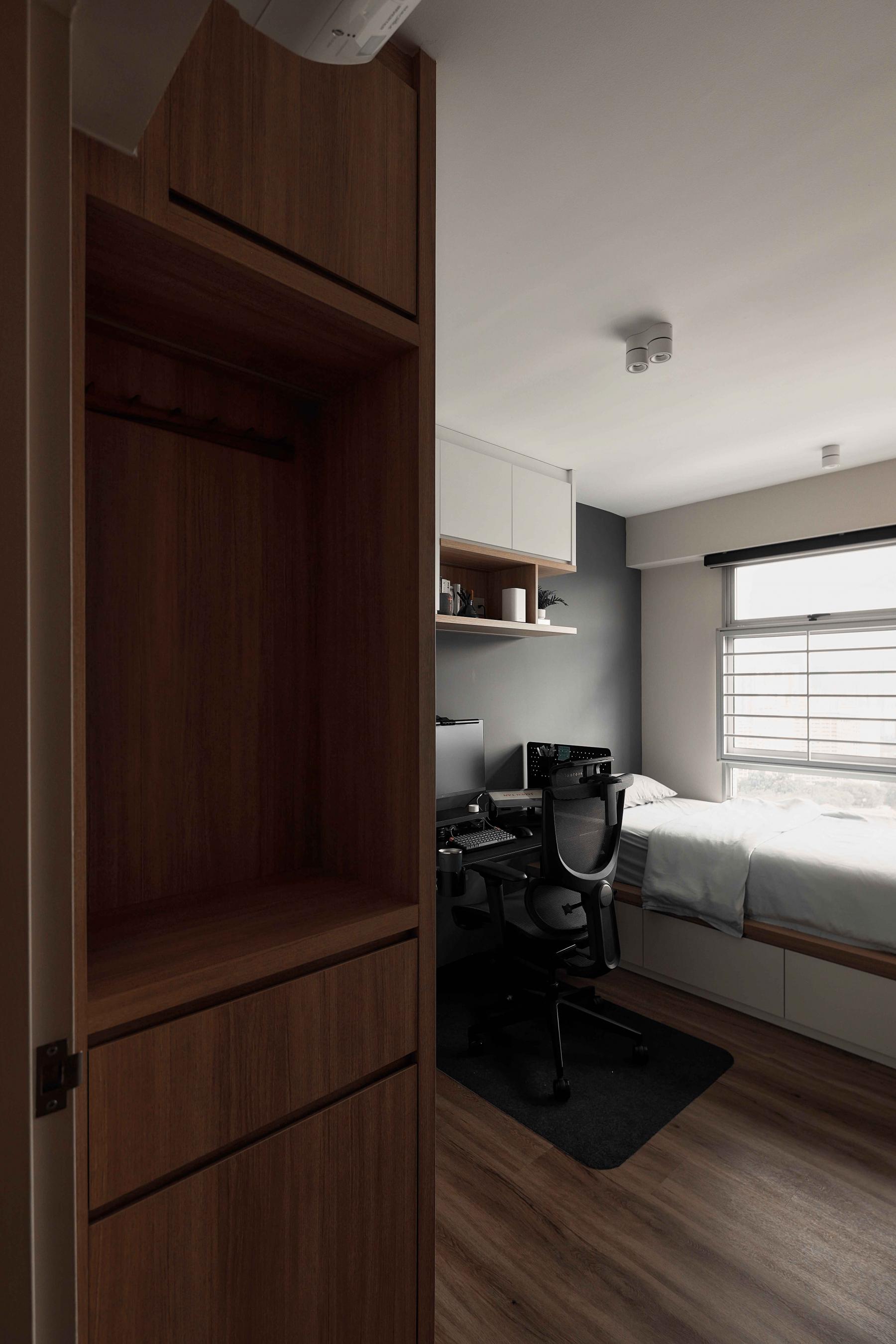 Scandinavian Bedroom with Wood Flooring and Wardrobe