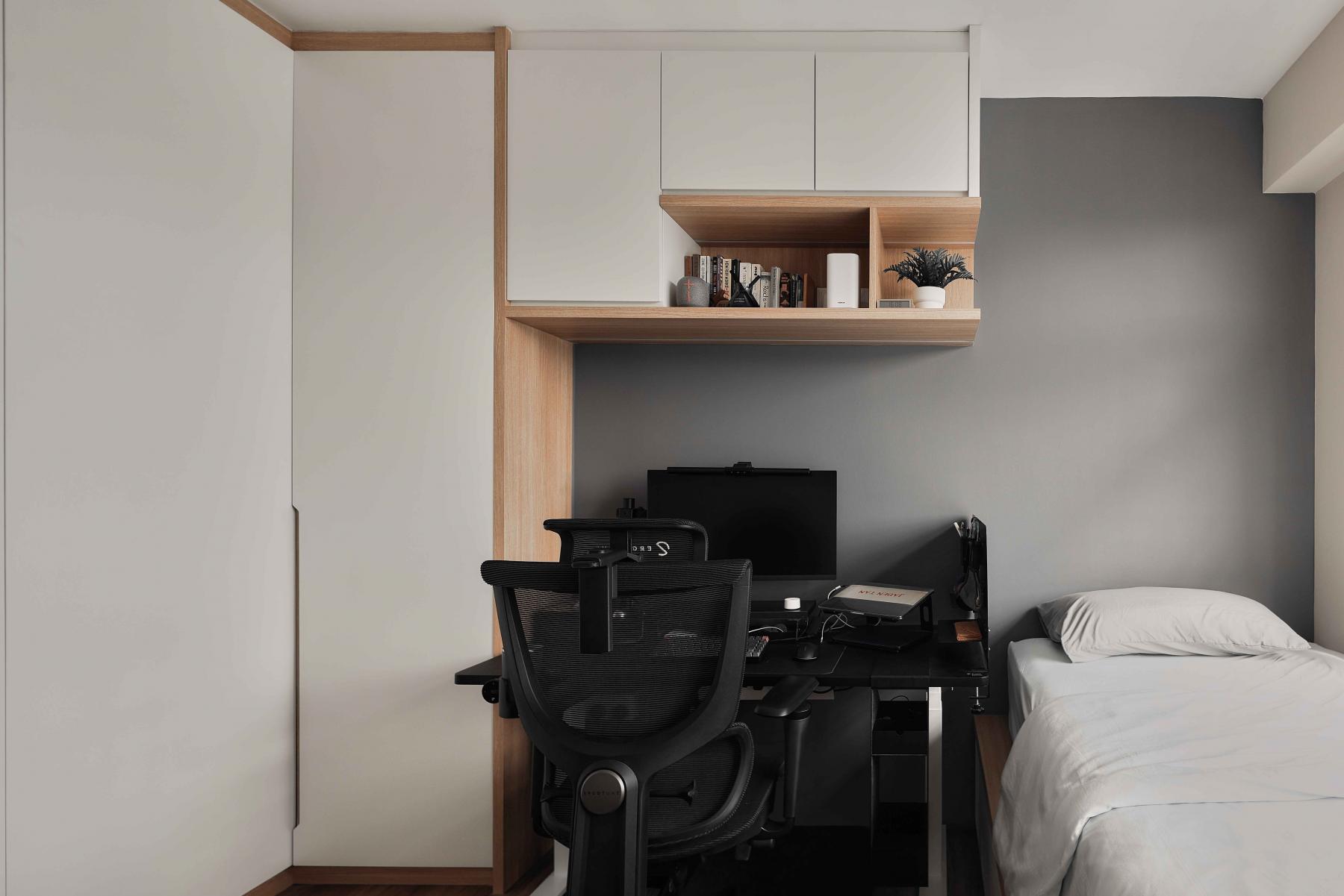 Scandinavian Bedroom with Bookshelf and Wardrobe