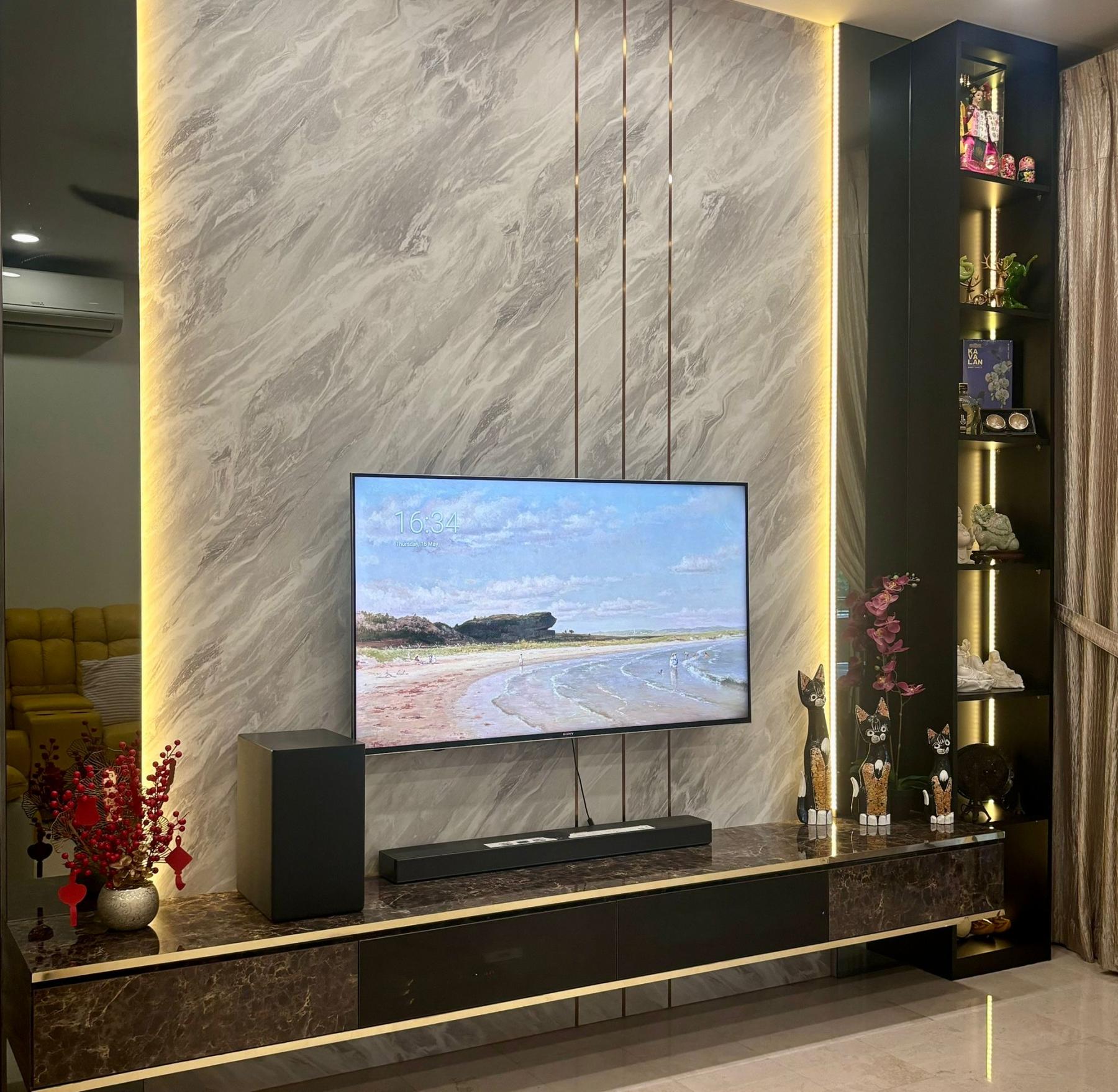 Contemporary Living Room with TV Console and Feature Wall