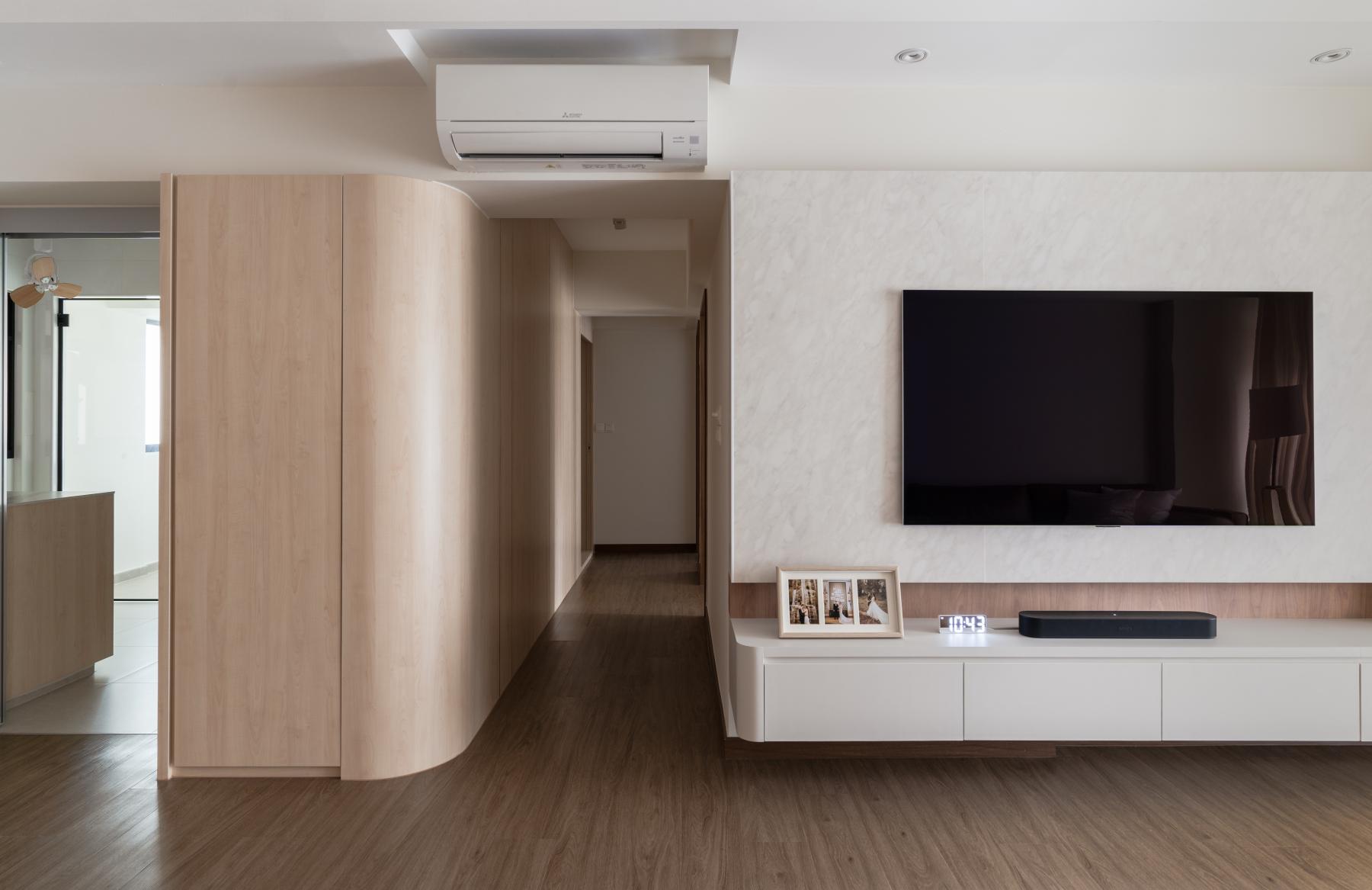 Scandinavian Living Room with TV Console and Feature Wall