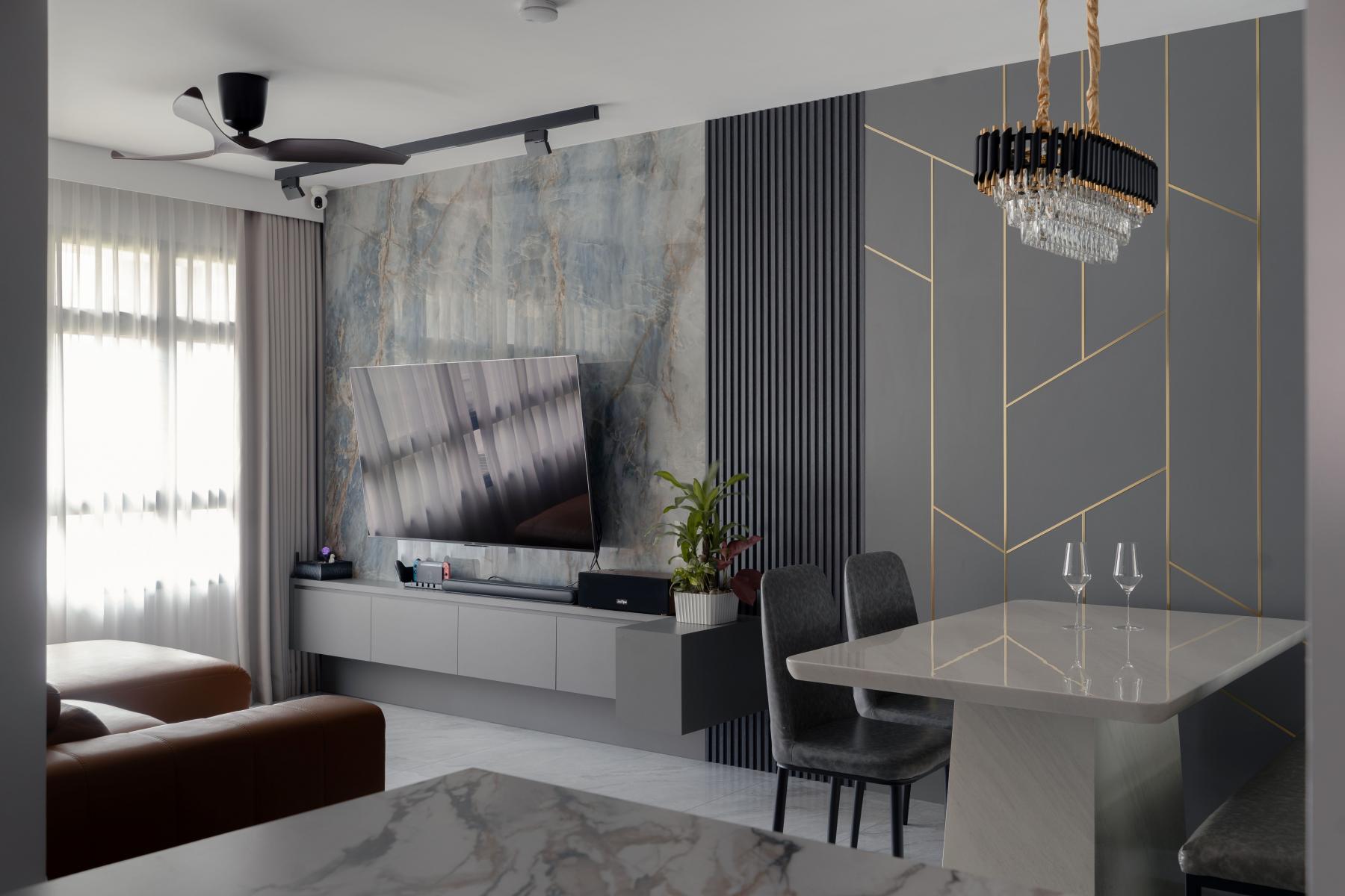 Contemporary Living Room with Marble Floor and TV Console