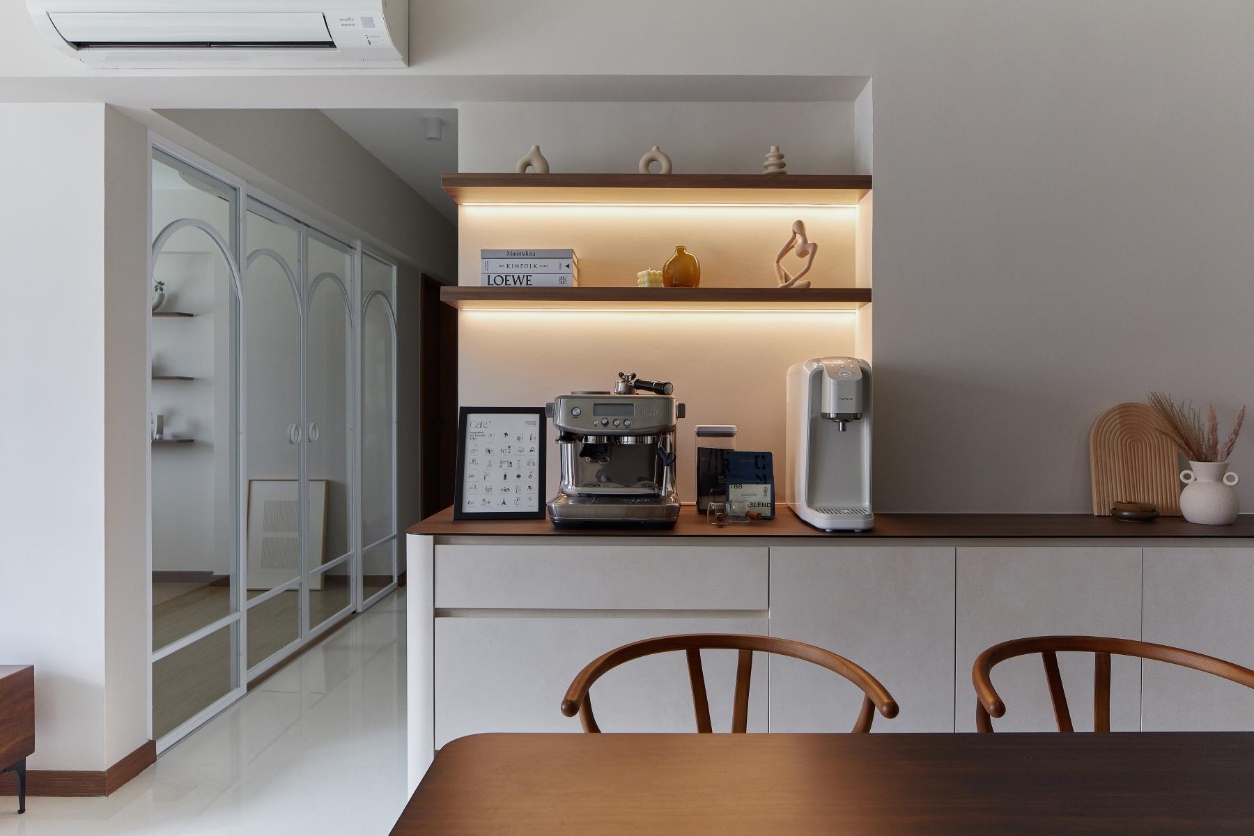 Scandinavian Dining Room with Cove Lighting and Dining Table