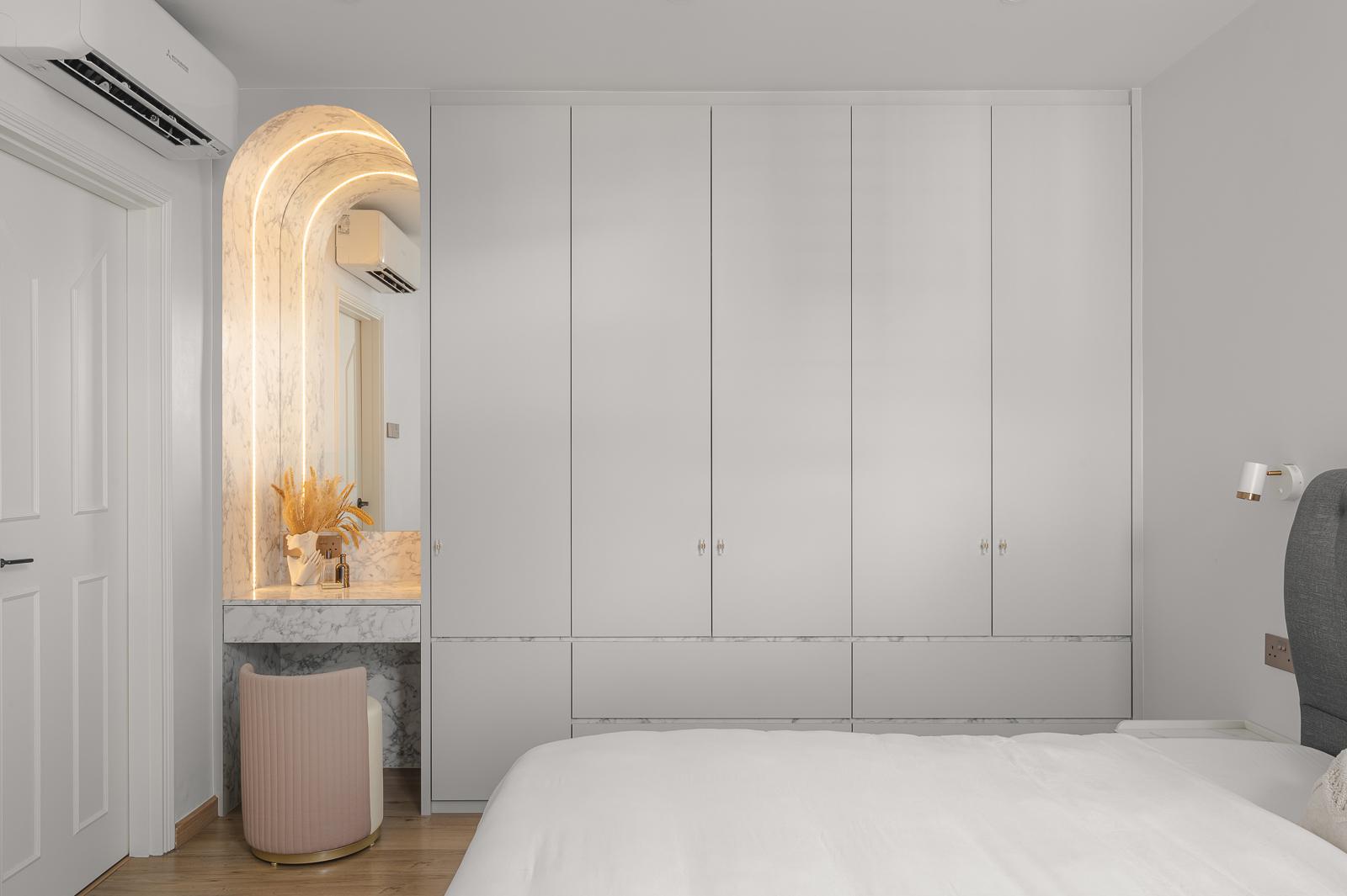 Scandinavian Bedroom with Vinyl Flooring and Cove Lighting