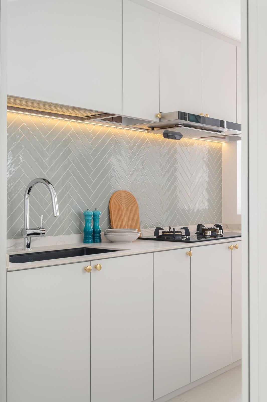 Scandinavian Kitchen with Countertop and Herringbone Tiling