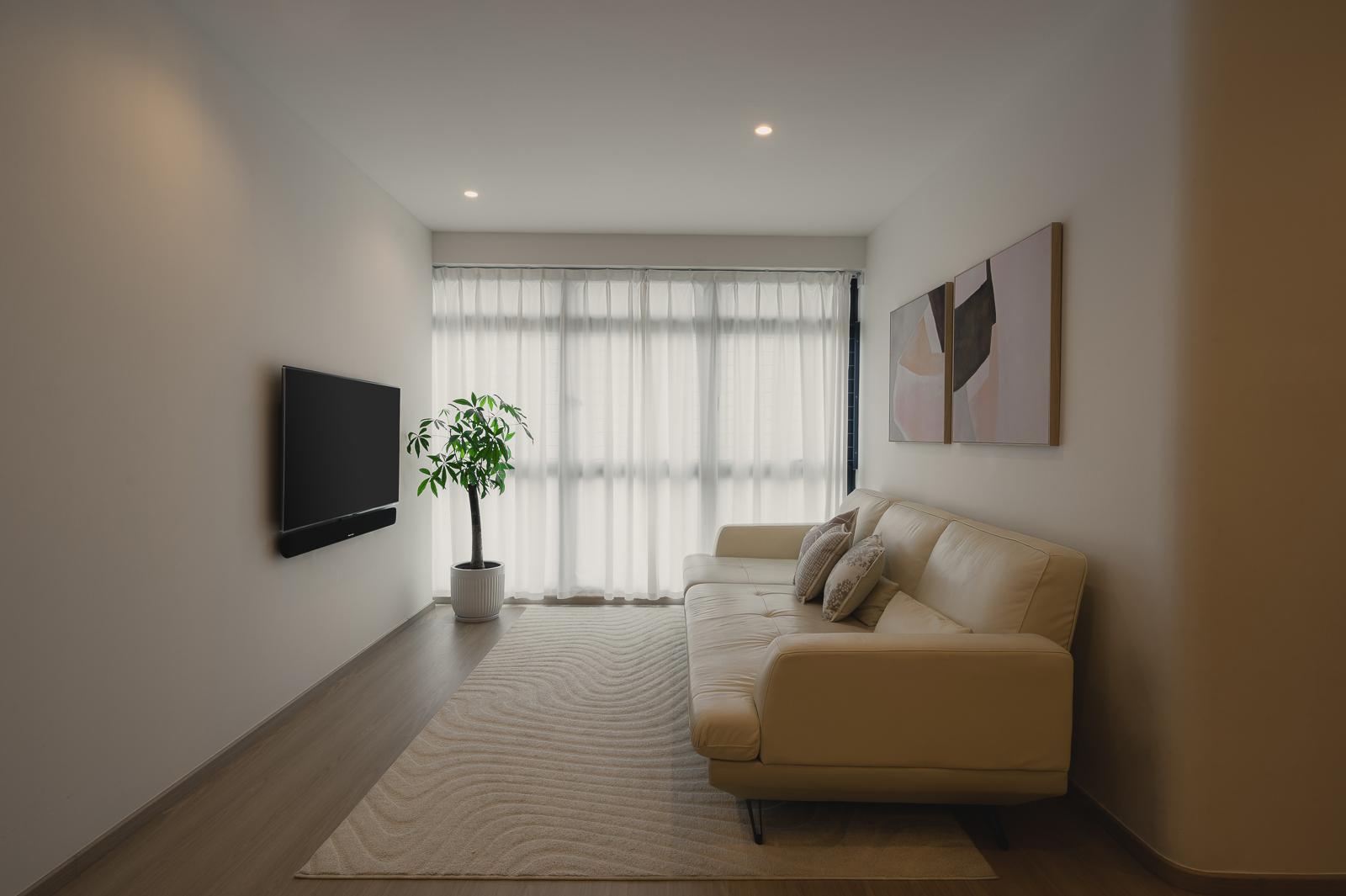 Minimalist Living Room with Vinyl Flooring and Feature Wall