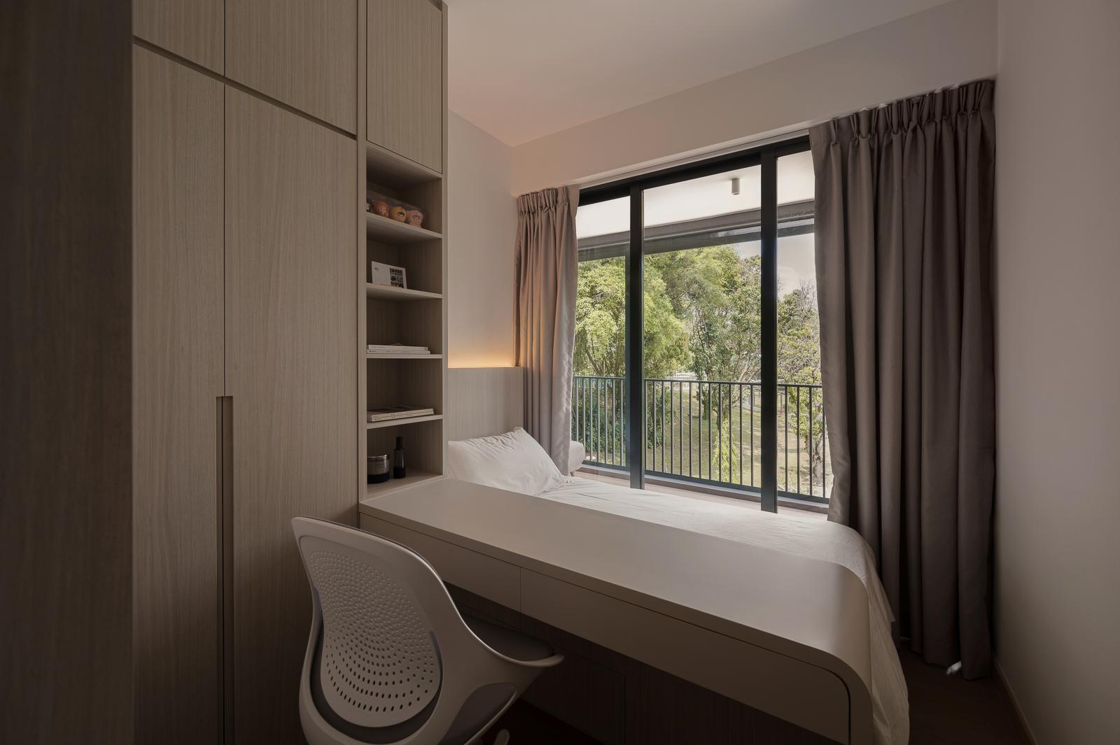 Scandinavian Bedroom with Bookshelf and Wardrobe