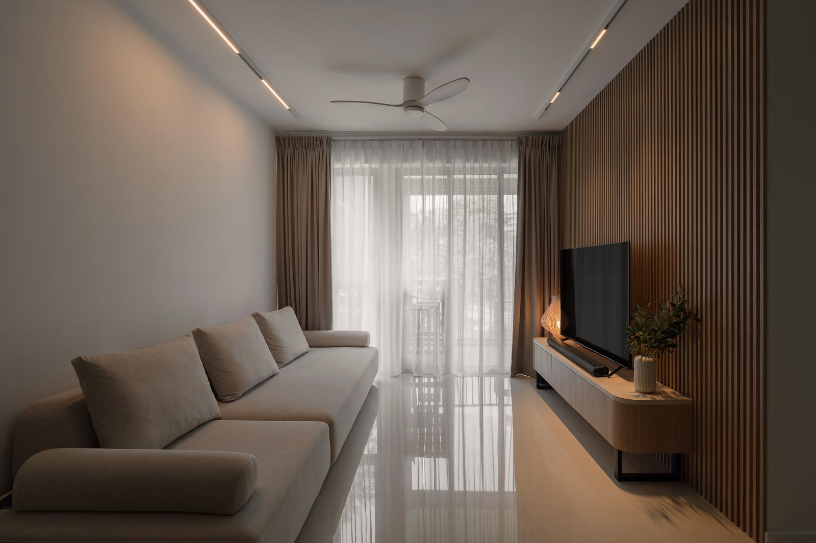 Scandinavian Living Room with TV Console and Feature Wall