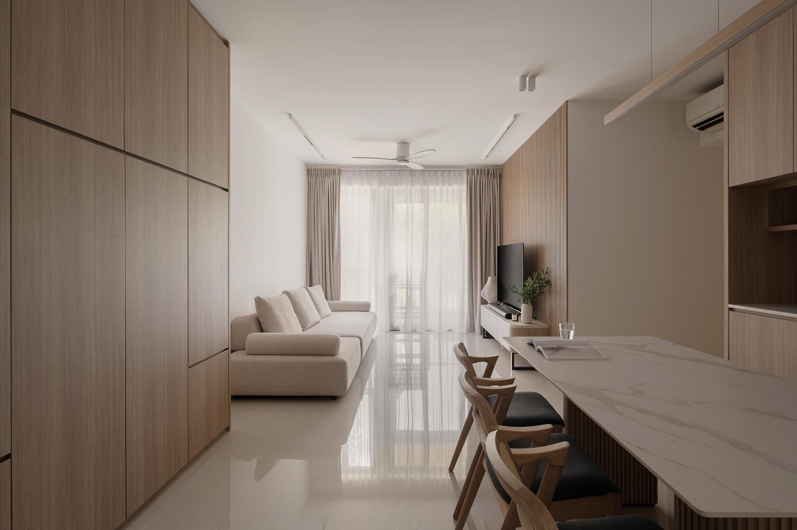 Scandinavian Living Room with Feature Wall and Dining Table