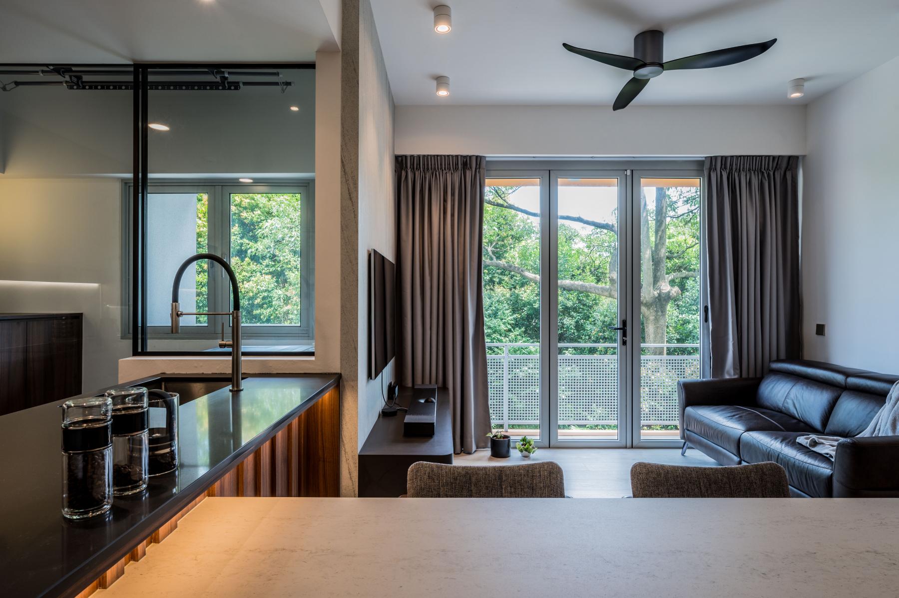 Transitional Living Room with Kitchen Island and Ceiling Fan