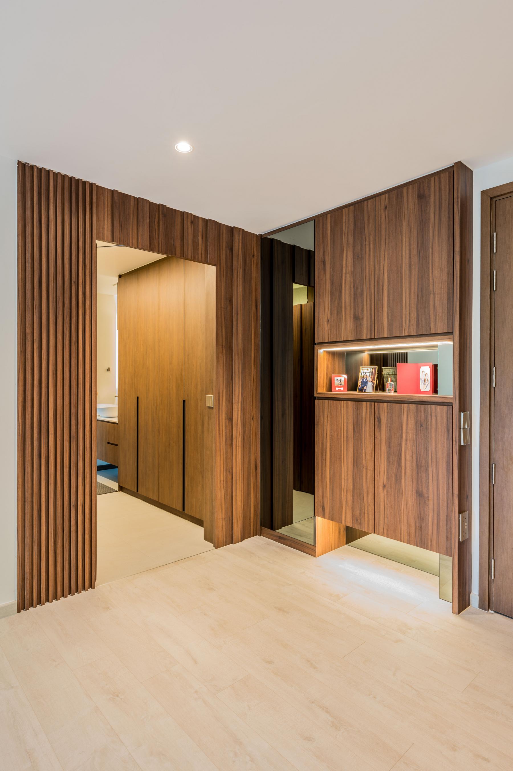 Transitional Foyer with Downlights and Shoe Cabinets