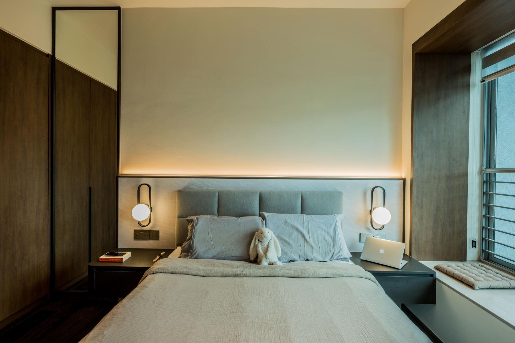 Transitional Bedroom with Vinyl Flooring and Mirror