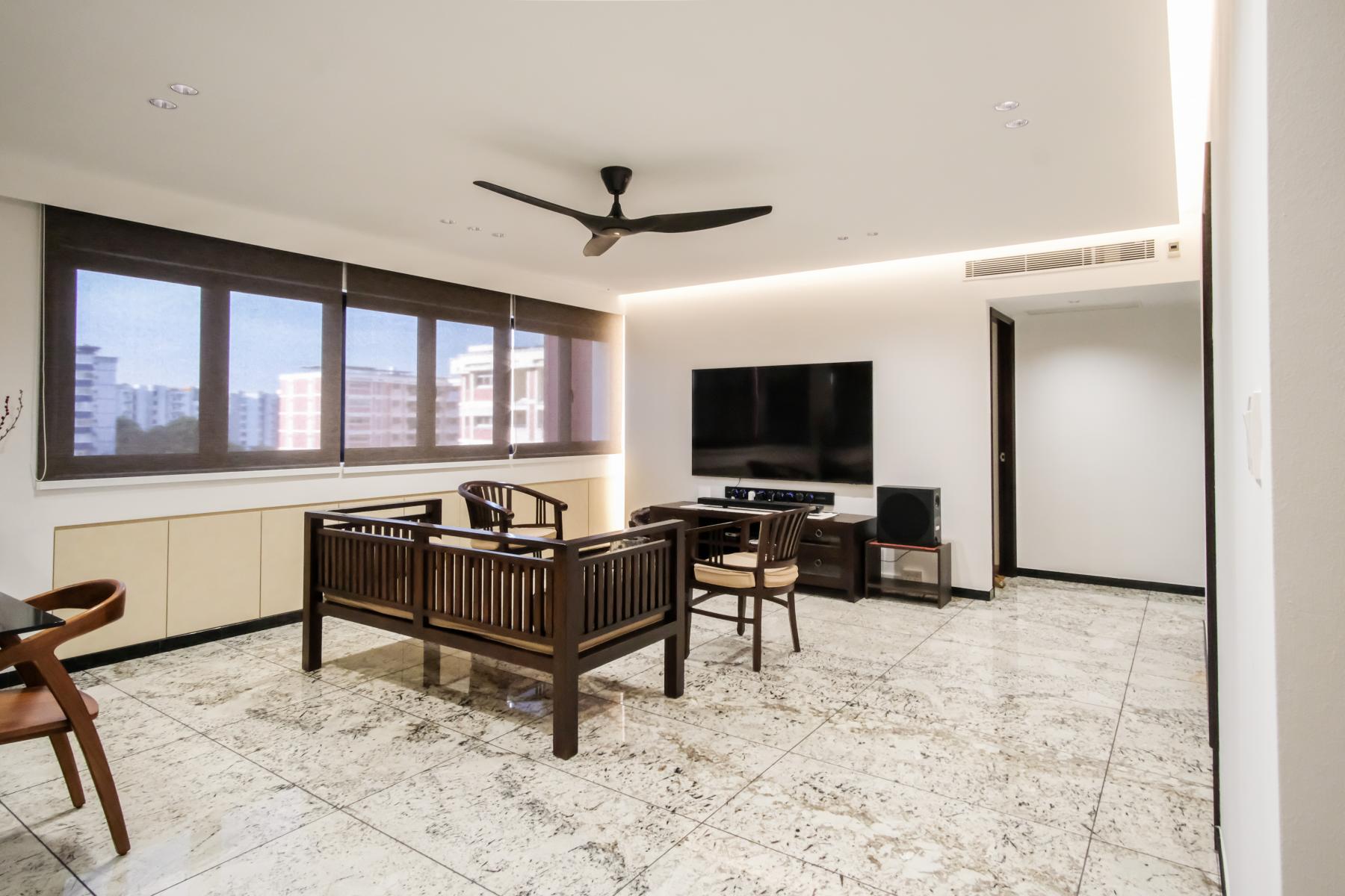 Eclectic Living Room with Marble Floor and Cove Lighting