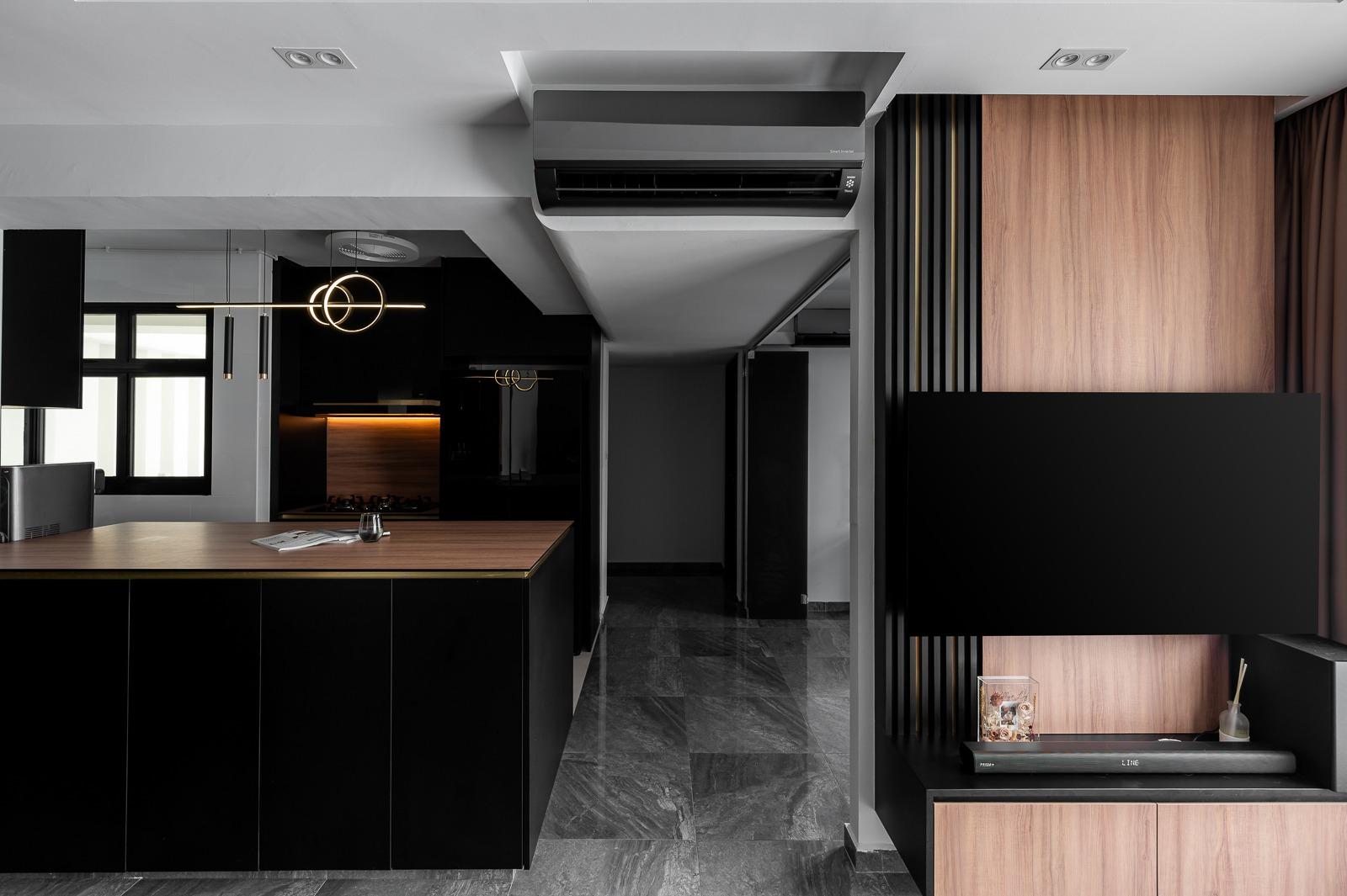 Contemporary Living Room with Homogeneous Tiles and TV Console
