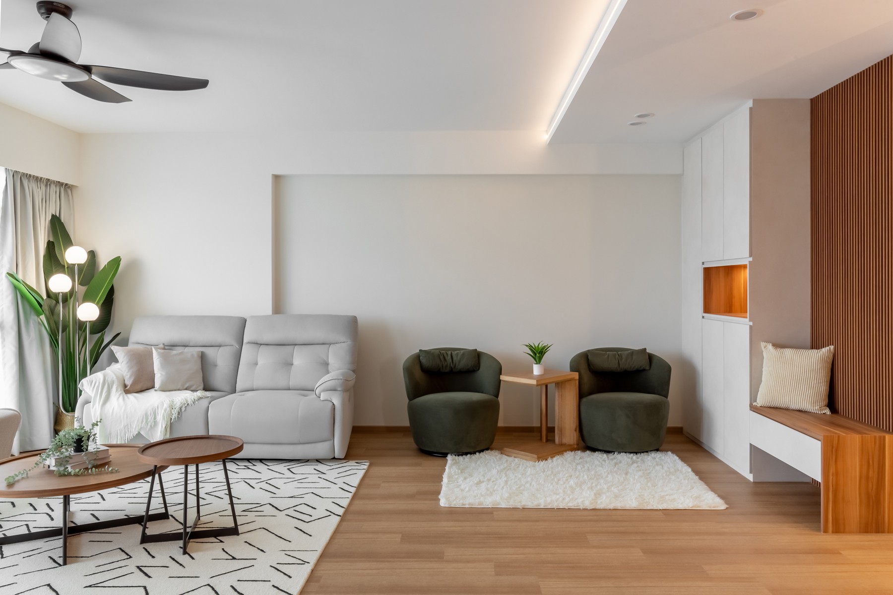 Scandinavian Living Room with Vinyl Flooring and Ceiling Fan