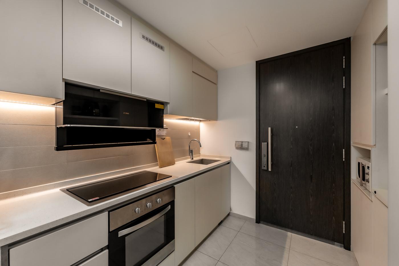 Scandinavian Kitchen with Countertop and Homogeneous Tiles