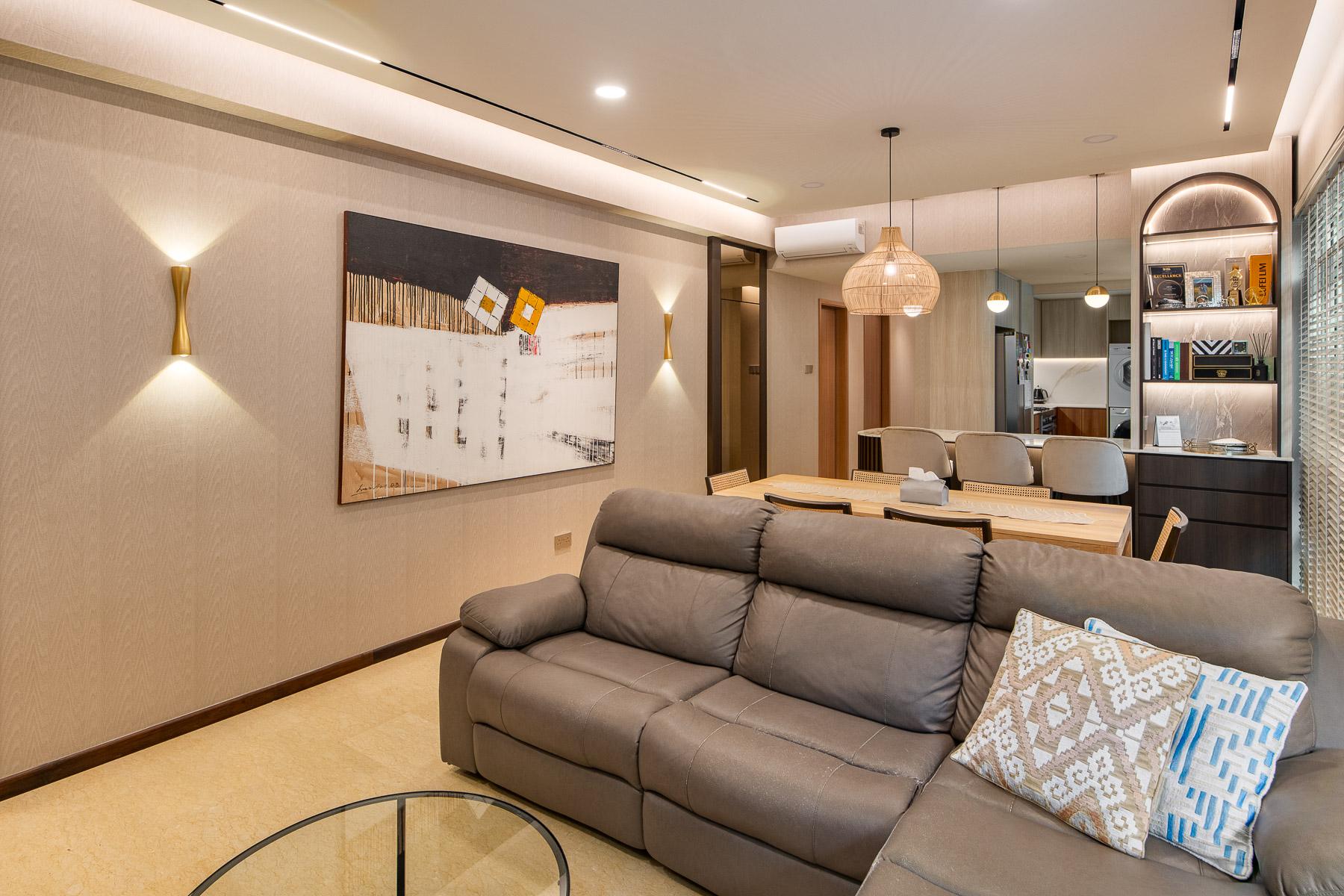 Eclectic Living Room with Cove Lighting and Drop Ceiling