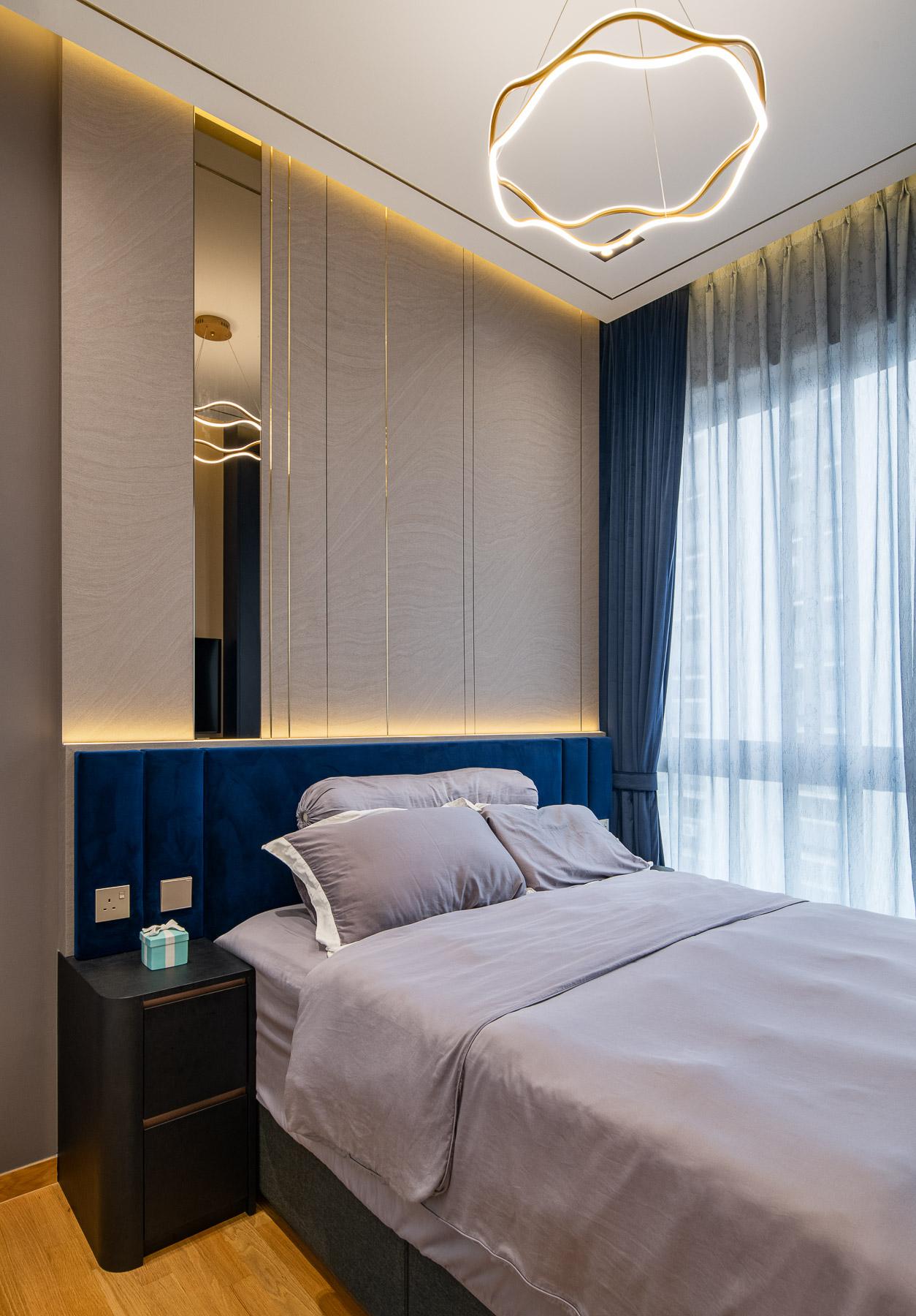 Contemporary Bedroom with Built-in Bed and Chandelier