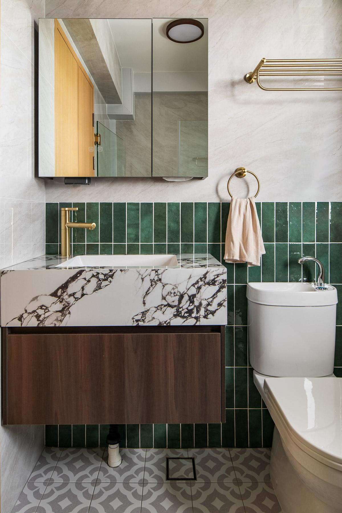 Country Bathroom with Countertop and Herringbone Tiling