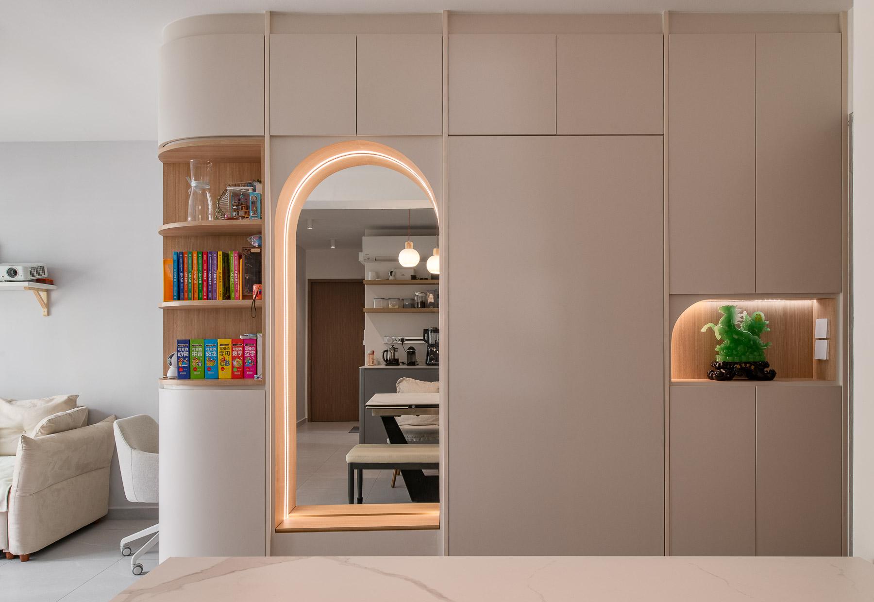 Transitional Living Room with Bookshelf and Homogeneous Tiles