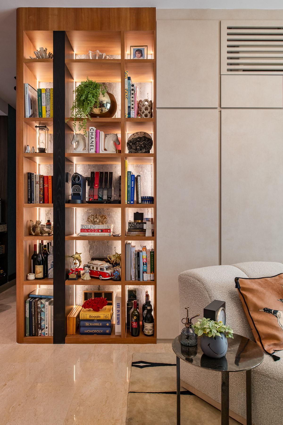 Eclectic Living Room with Bookshelf and Marble Floor