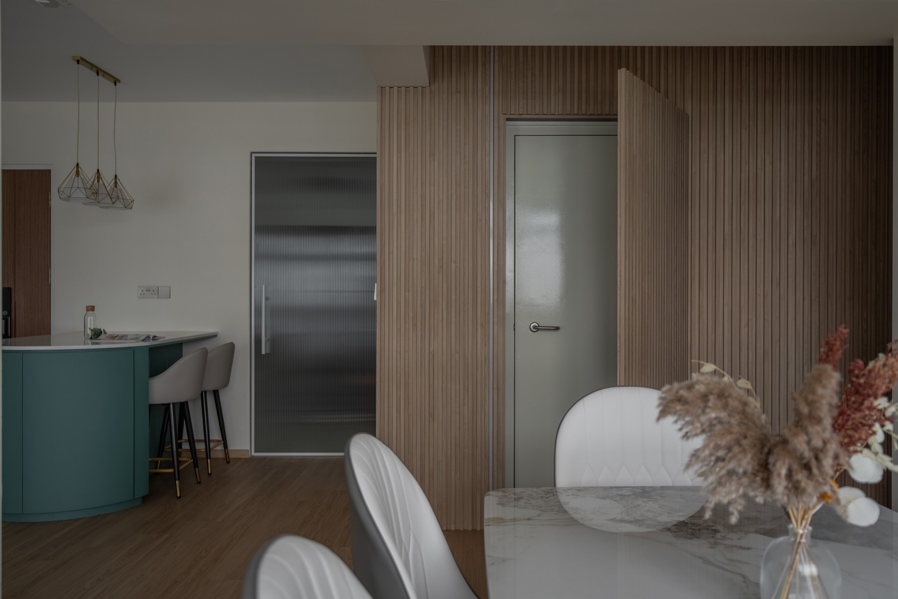 Scandinavian Dining Room with Feature Wall and Kitchen Island