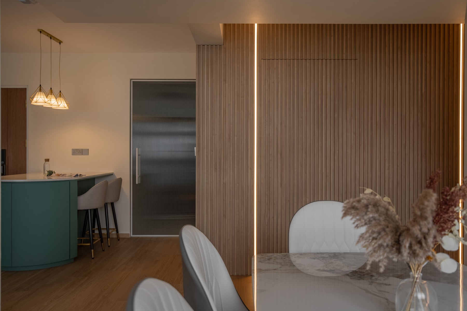 Scandinavian Dining Room with Feature Wall and Kitchen Island