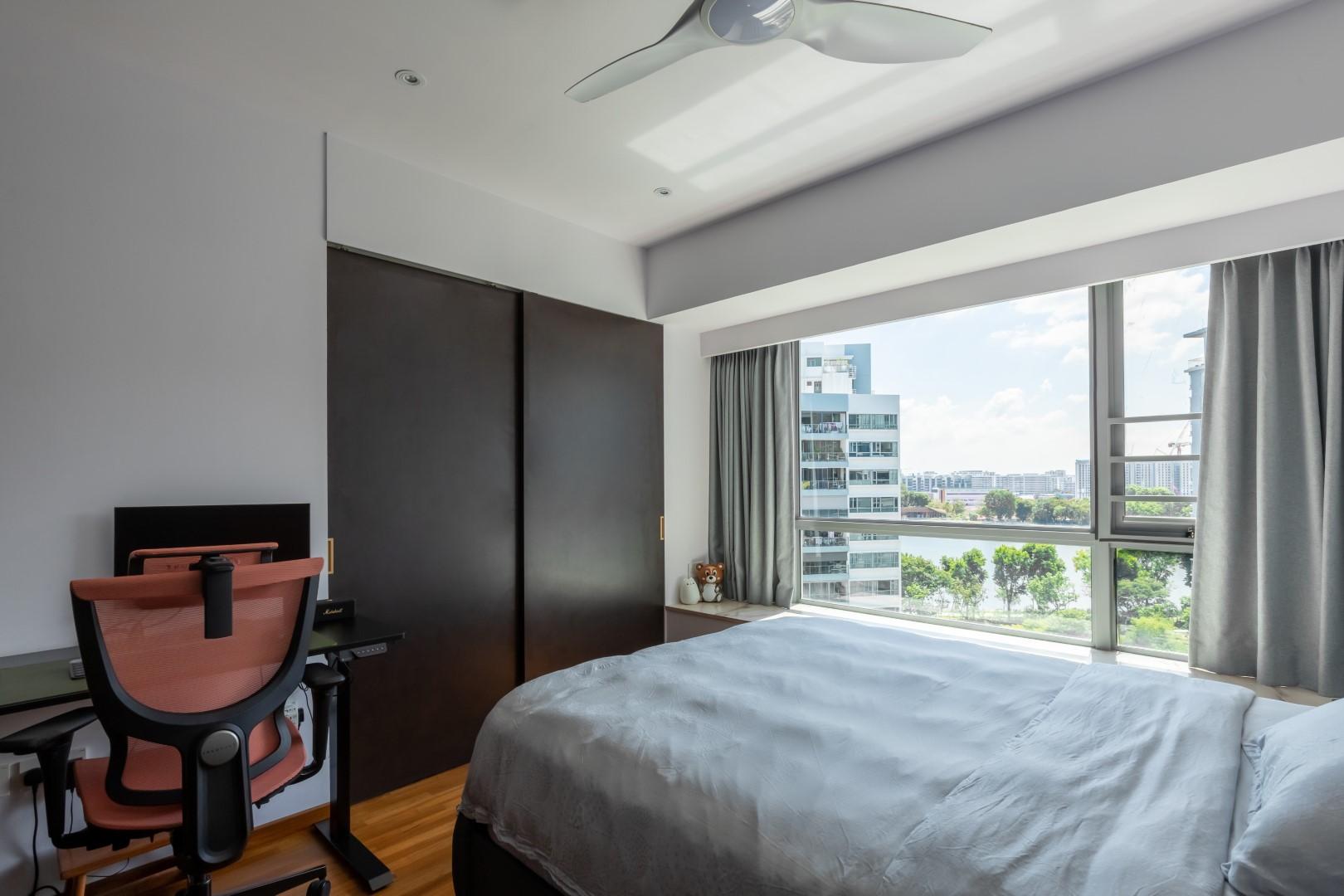 Modern Bedroom with Wood Flooring and Bay Window