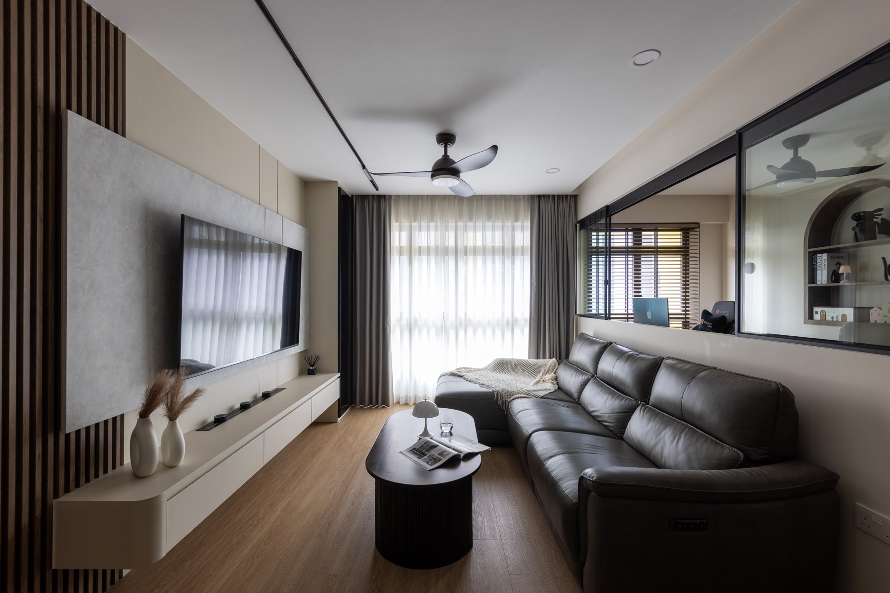 Contemporary Living Room with TV Console and Feature Wall