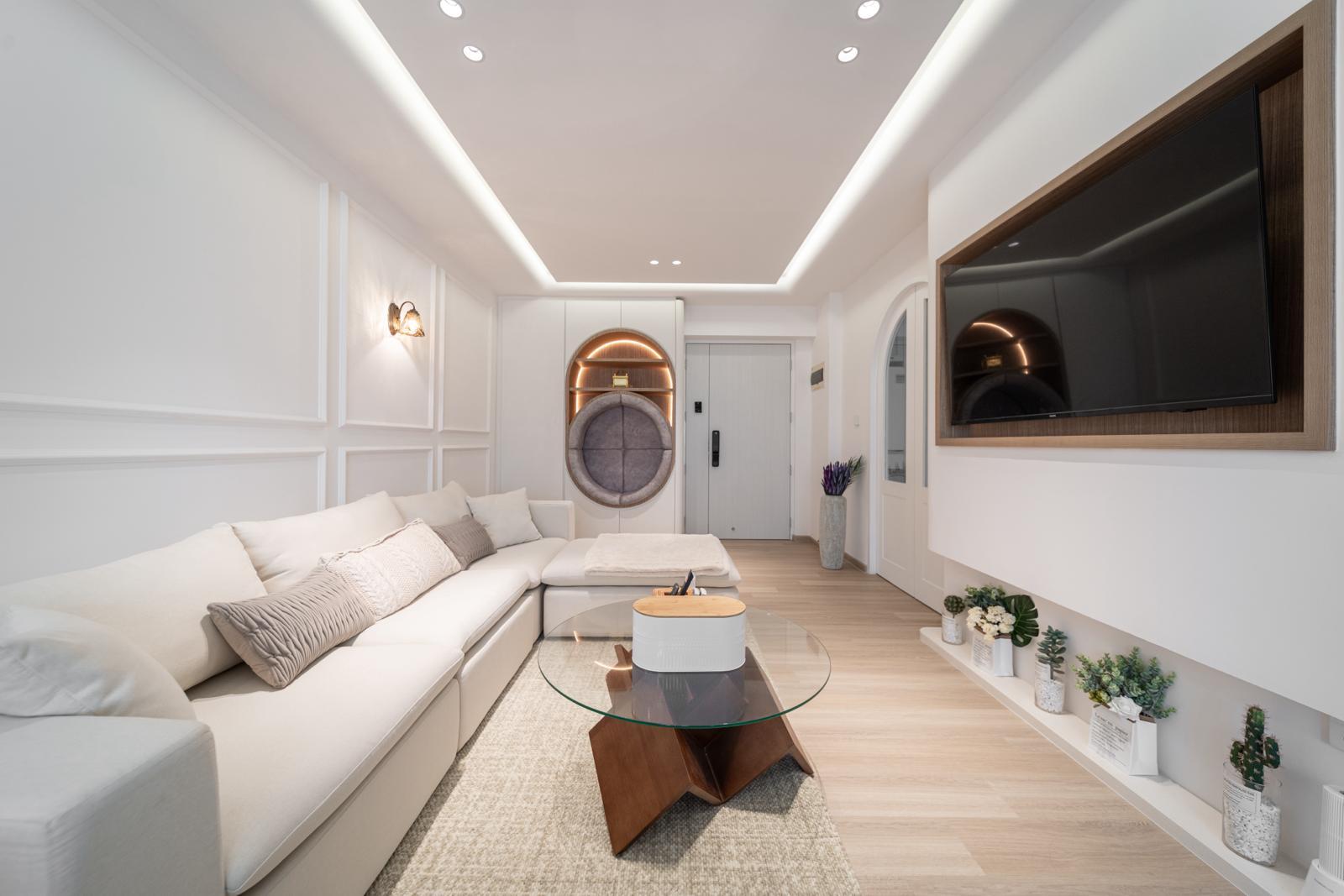 Scandinavian Living Room with Bookshelf and Downlights