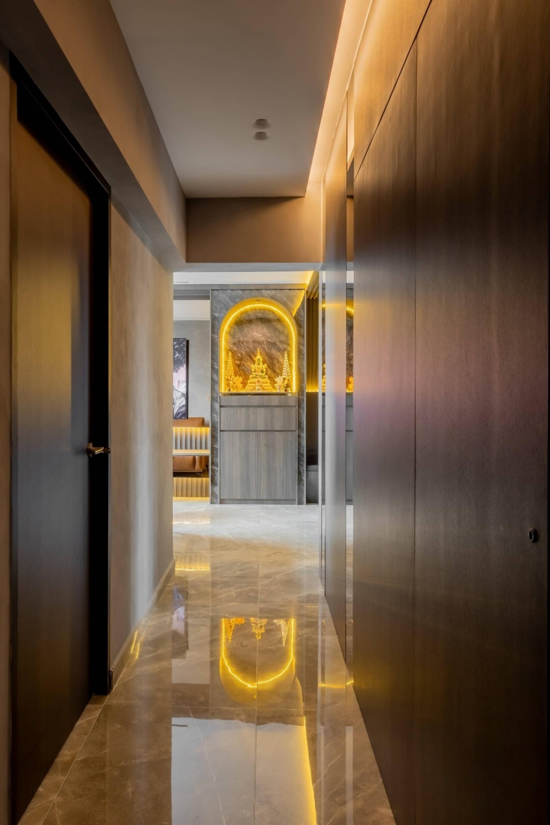 Modern Hallway with Homogeneous Tiles and Feature Wall
