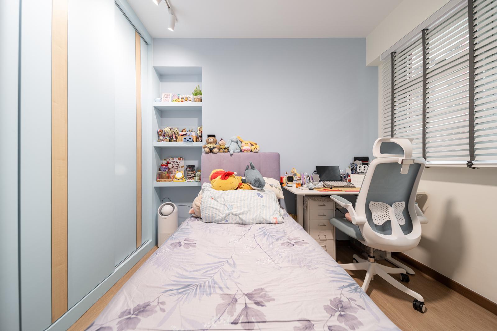 Contemporary Bedroom with Bookshelf and Vinyl Flooring