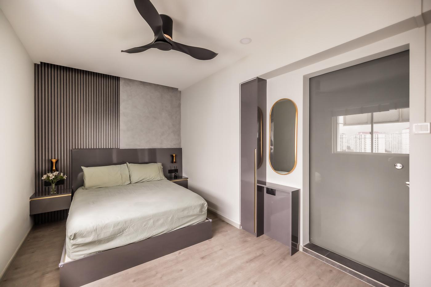 Modern Bedroom with Vinyl Flooring and Drop Light