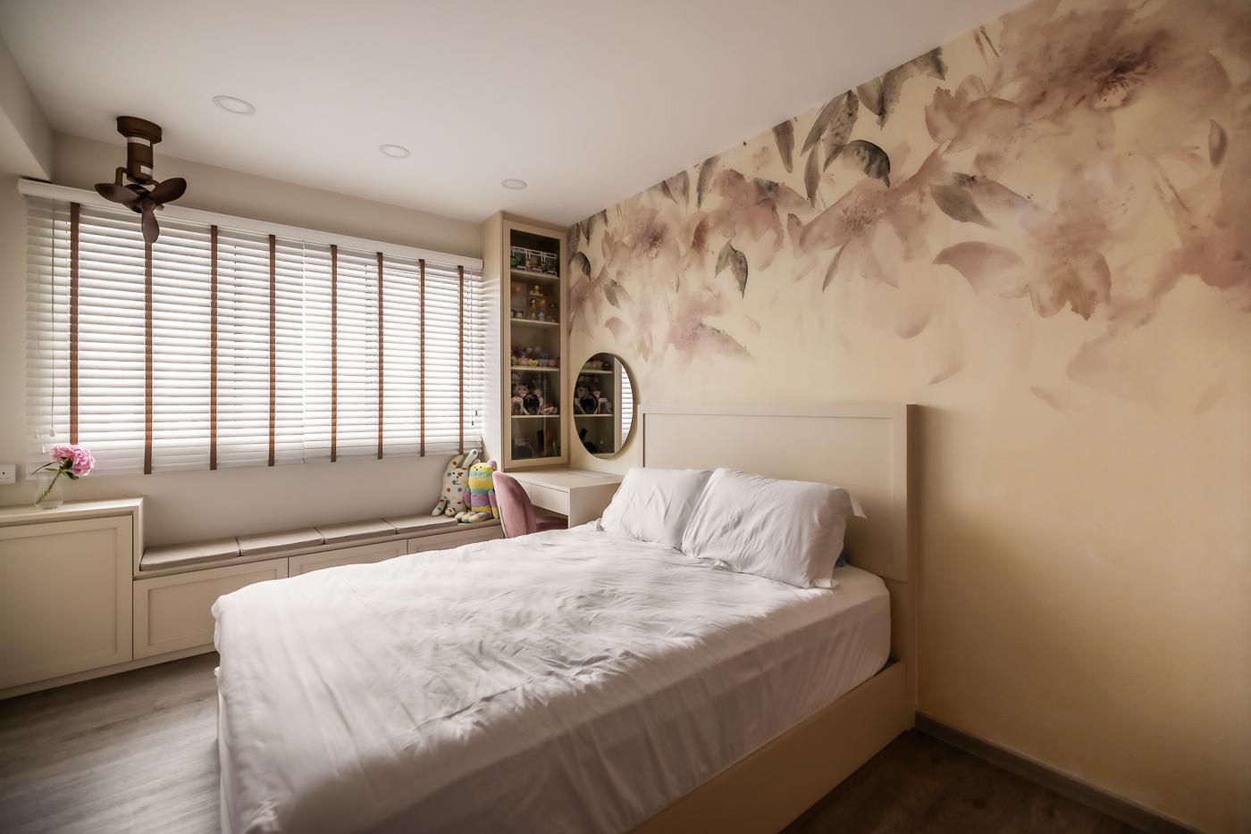 Modern Bedroom with Bookshelf and Vinyl Flooring